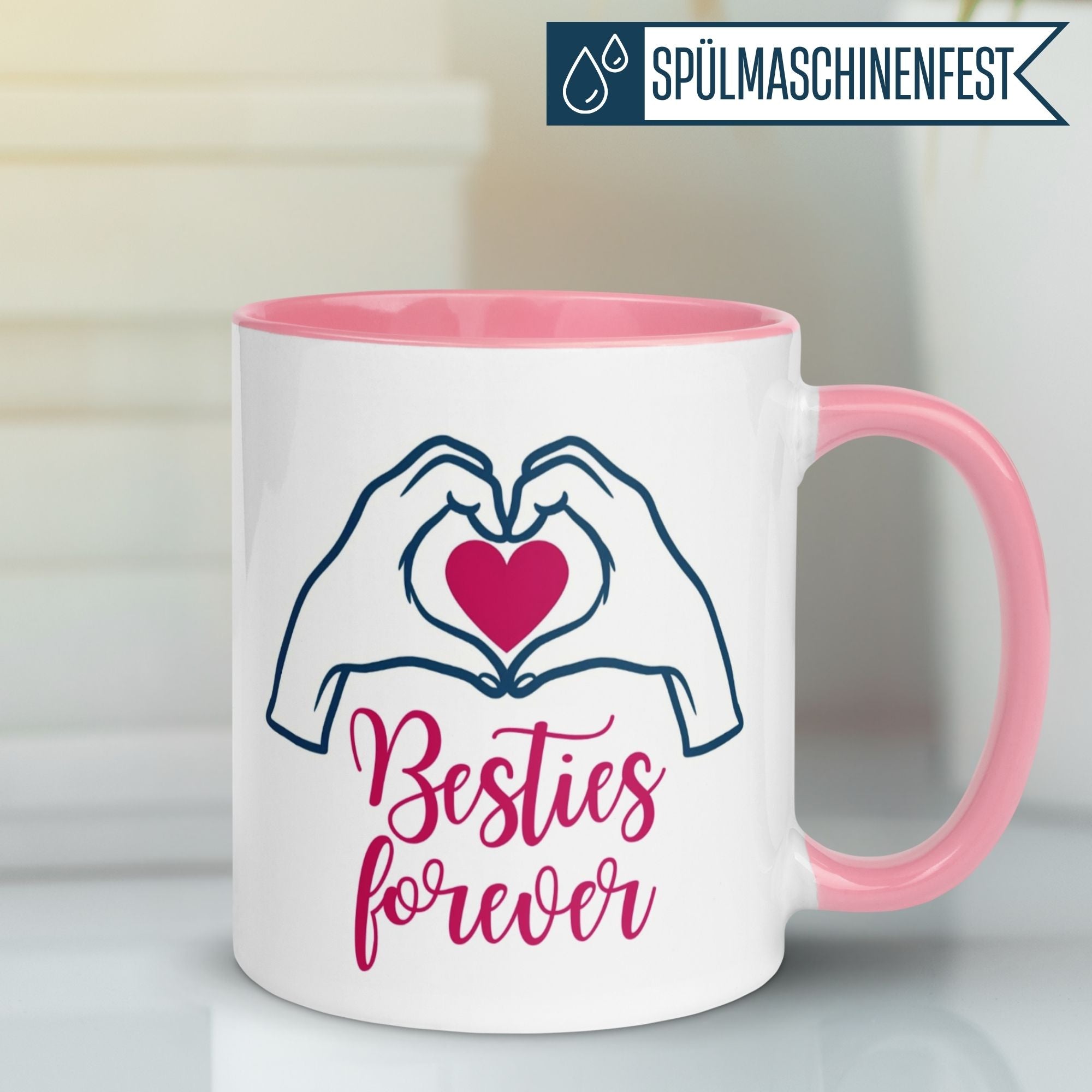 Momentals Tasse mit rosa Innenseite, Herzmotiv und Spruch "Besties forever" für beste Freundinnen.