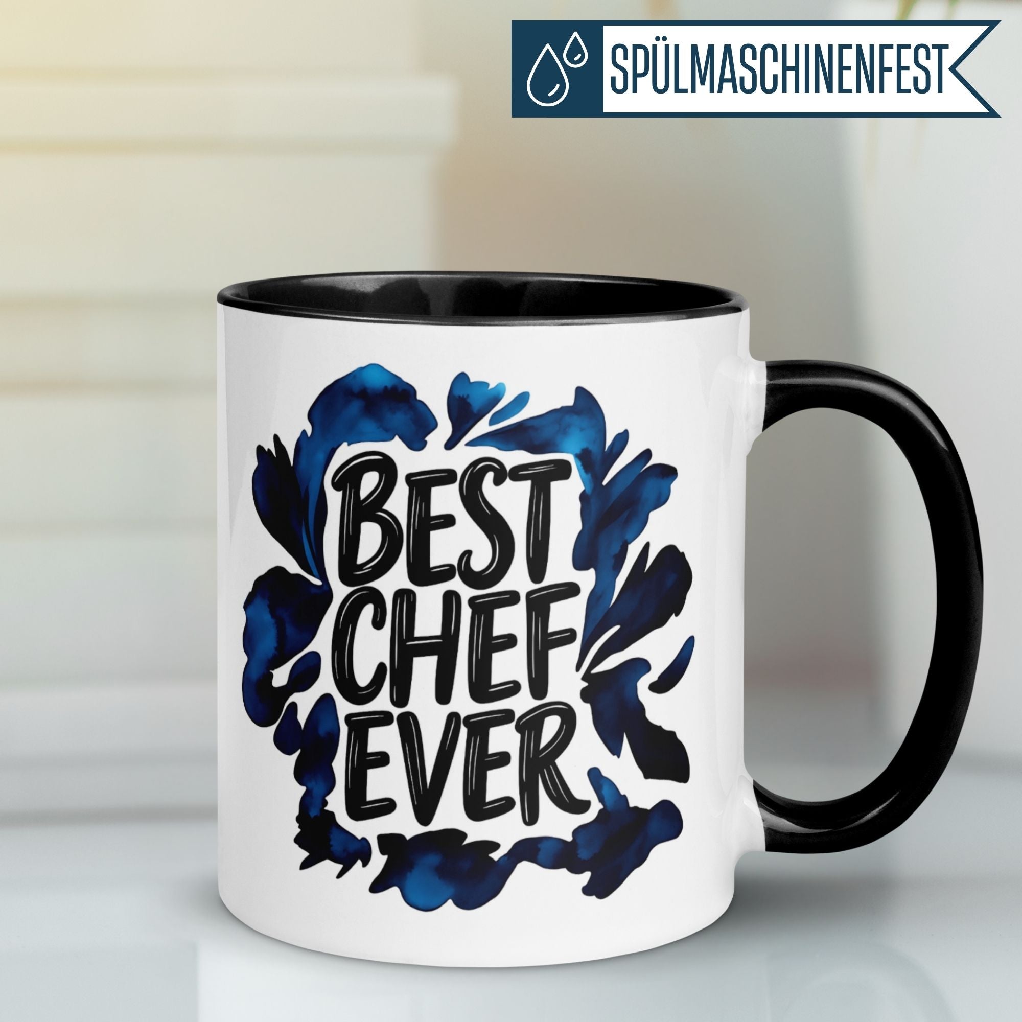 Momentals® Tasse mit Aufdruck "Best Chef Ever" in Aquarellblüten, perfektes Abschiedsgeschenk für Chefs.