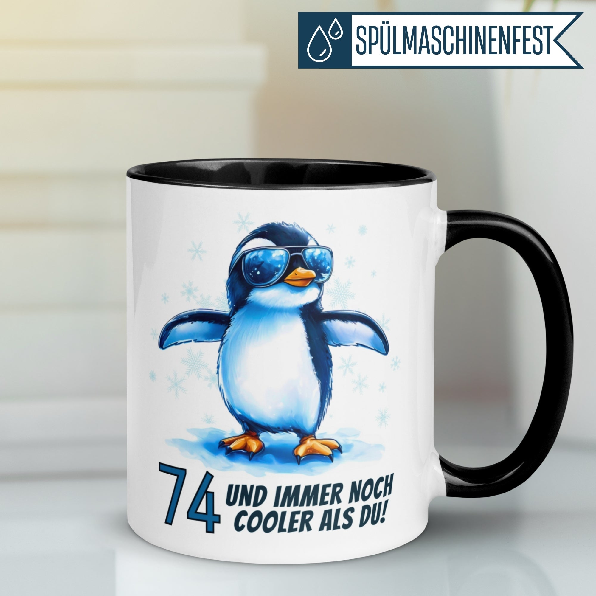 Momentals® Tasse 74. Geburtstag | Pinguin & Spruch | 74 und immer noch cooler als du