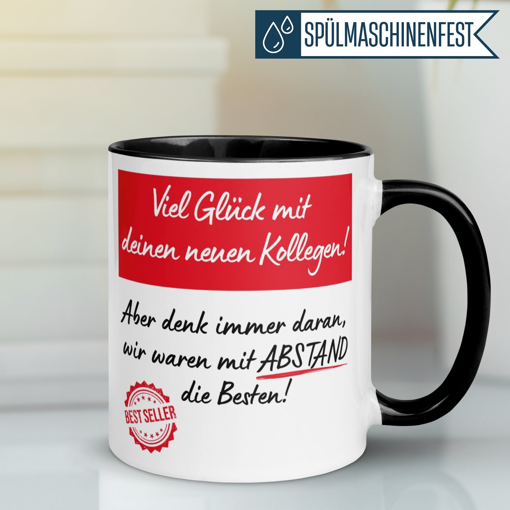 Momentals Tasse Abschied mit humorvollem Job-Spruch und SALE-Design für neue Kollegen.