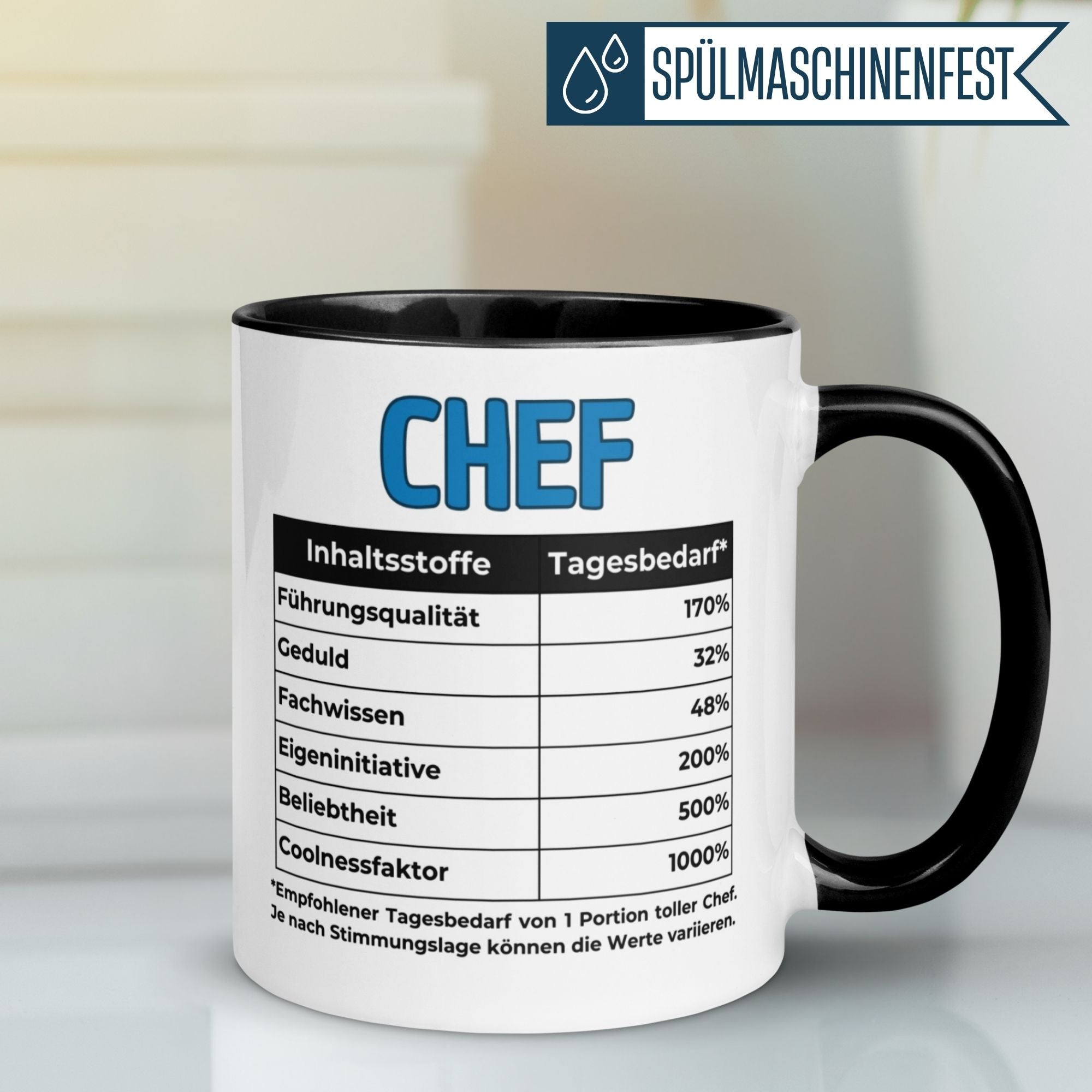 Momentals Tasse für Chef mit humorvollem Nährwertlabel und Spruch für perfekte Abschiedsgeschenke.