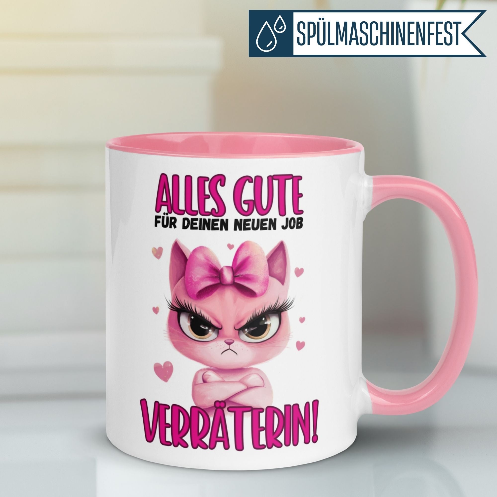 Momentals Tasse mit wütender Katze und Spruch "Alles Gute für deinen neuen Job – Verräterin!"