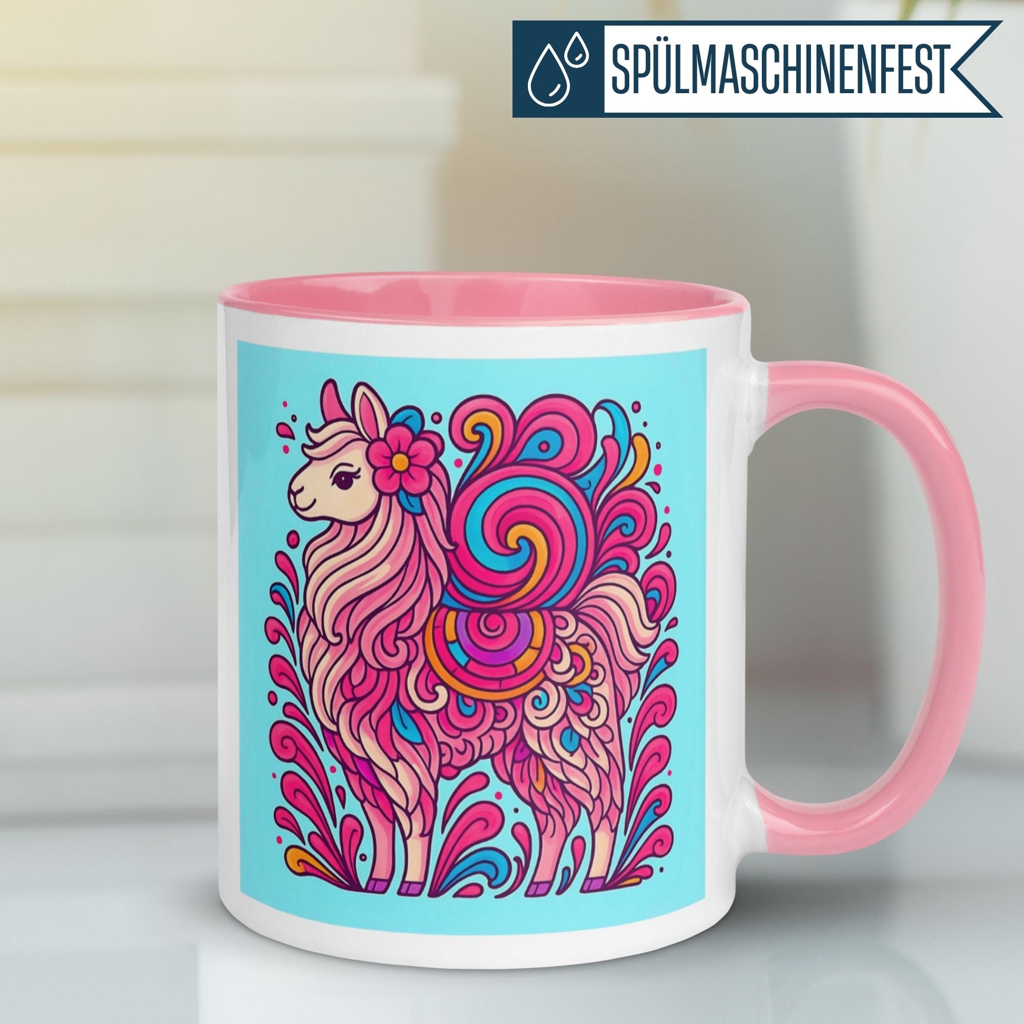 Momentals® Tasse mit buntem Lama-Motiv im psychedelischen Design, ideal für humorvolle Tierliebhaber.