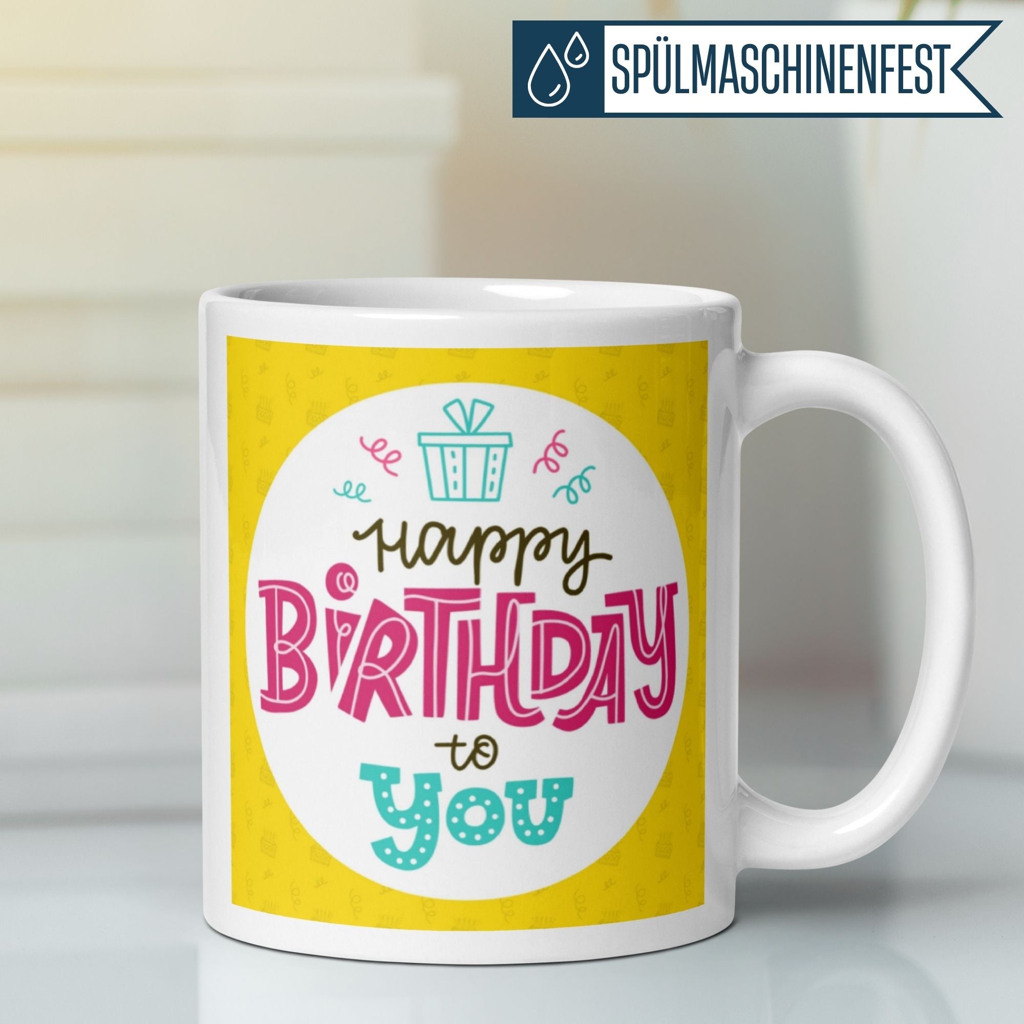Happy Birthday mug with colorful typography on a bright yellow background, perfect for festive celebrations.