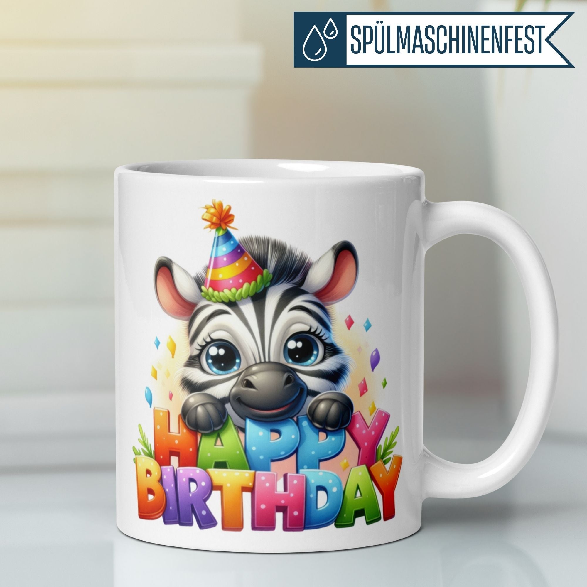 Momentals® Happy Birthday mug with cheerful zebra and party hat, perfect for birthday celebrations.