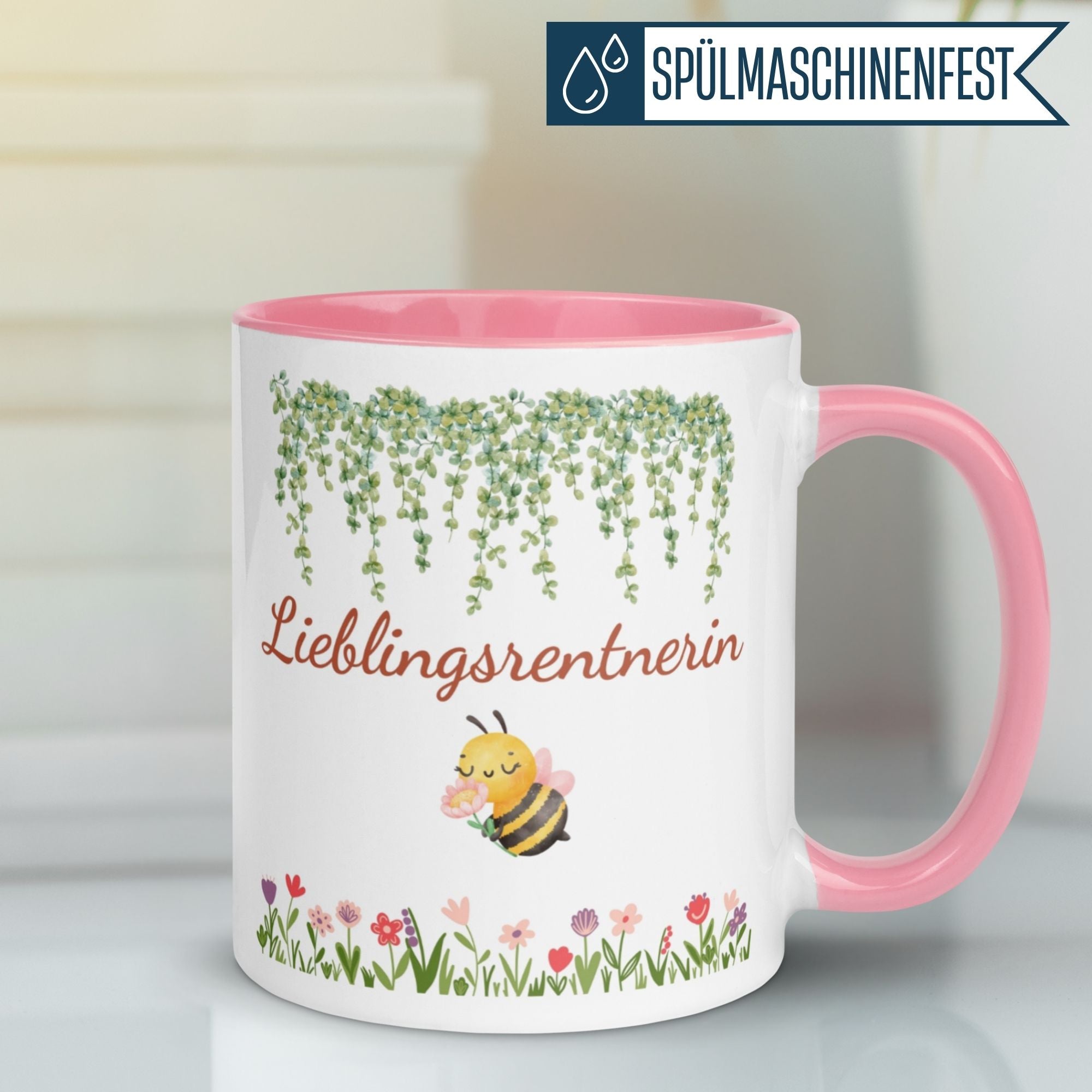 Momentals Tasse mit Spruch 'Lieblingsrentnerin' und fröhlichem Bienenmotiv für Renteneintrittsgeschenke.