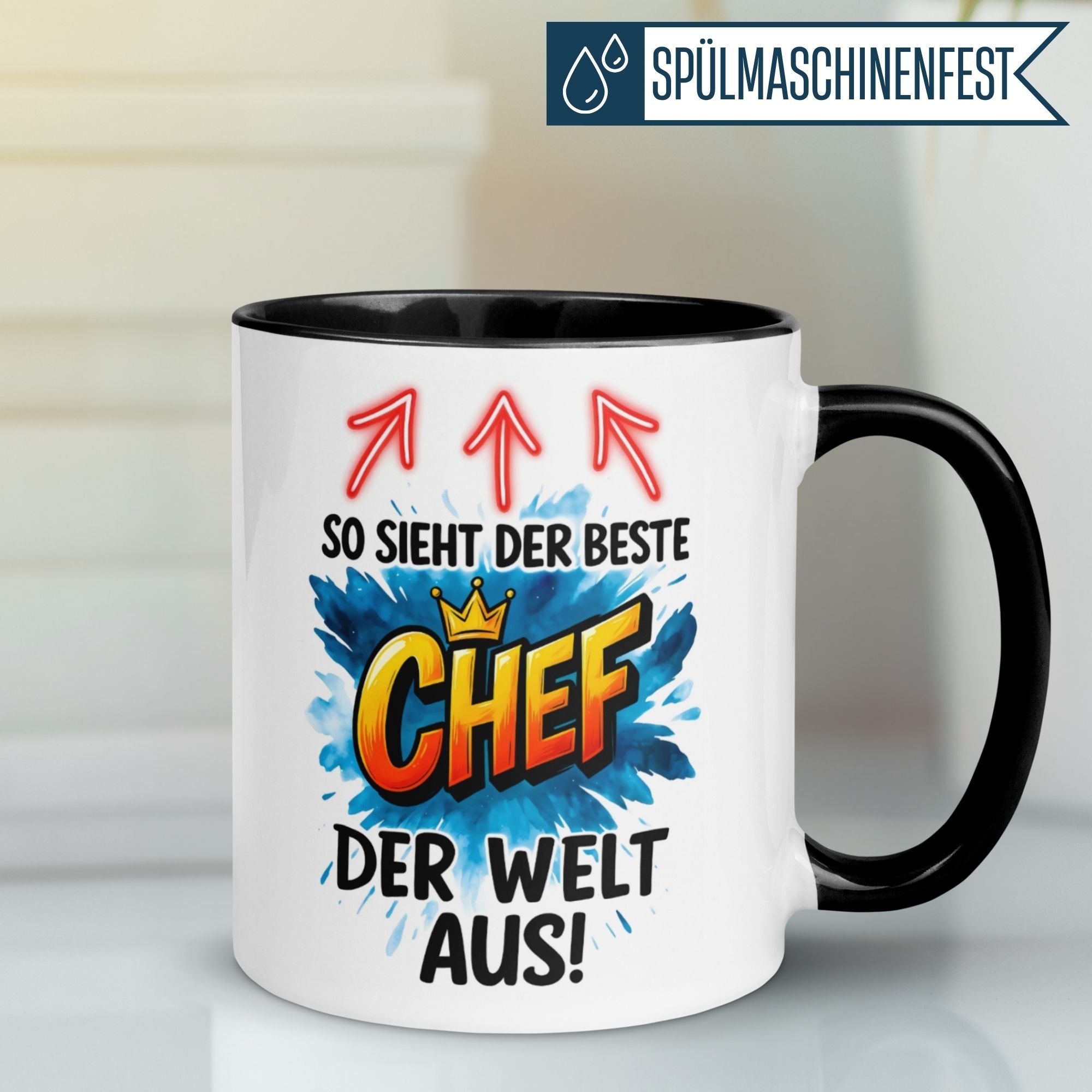 Momentals Tasse mit buntem CHEF Schriftzug und Spruch: 'So sieht der beste Chef der Welt aus!'