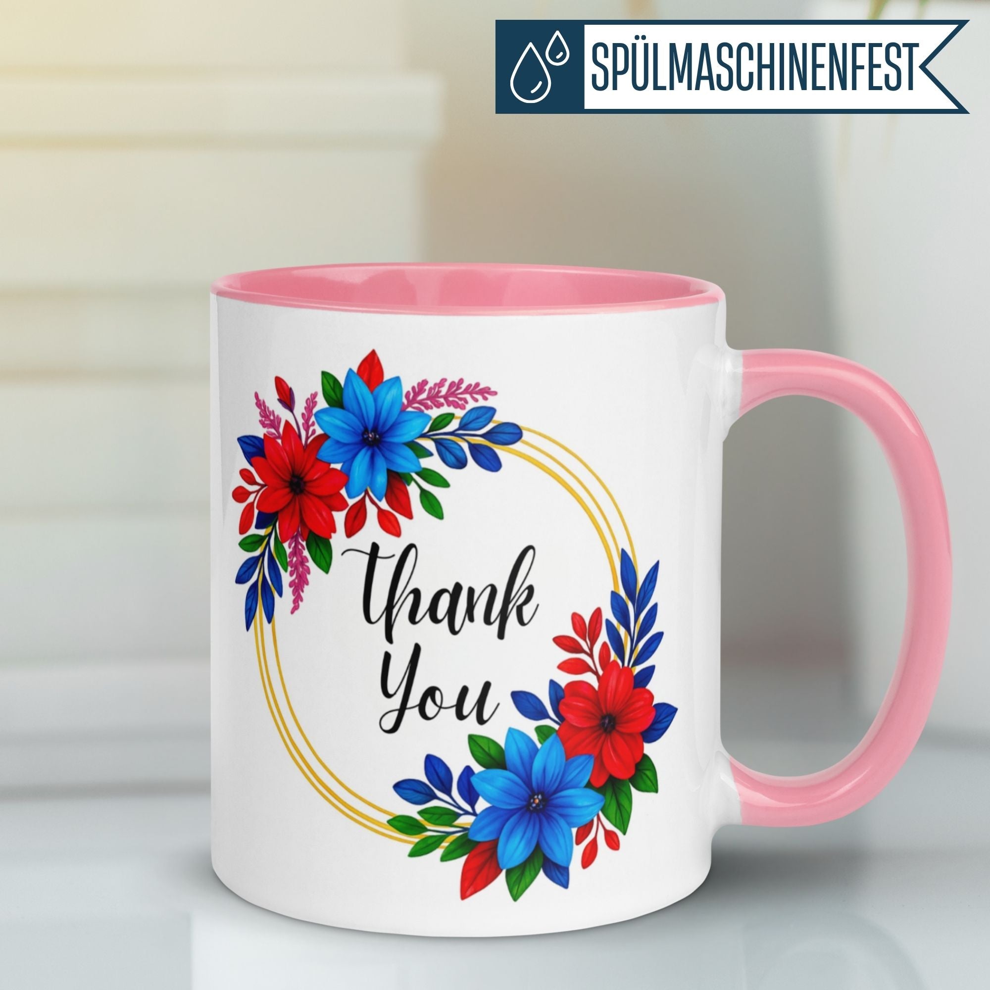 Momentals Tasse mit Blumenkranz und 'Thank You' Schriftzug in fröhlichen Farben