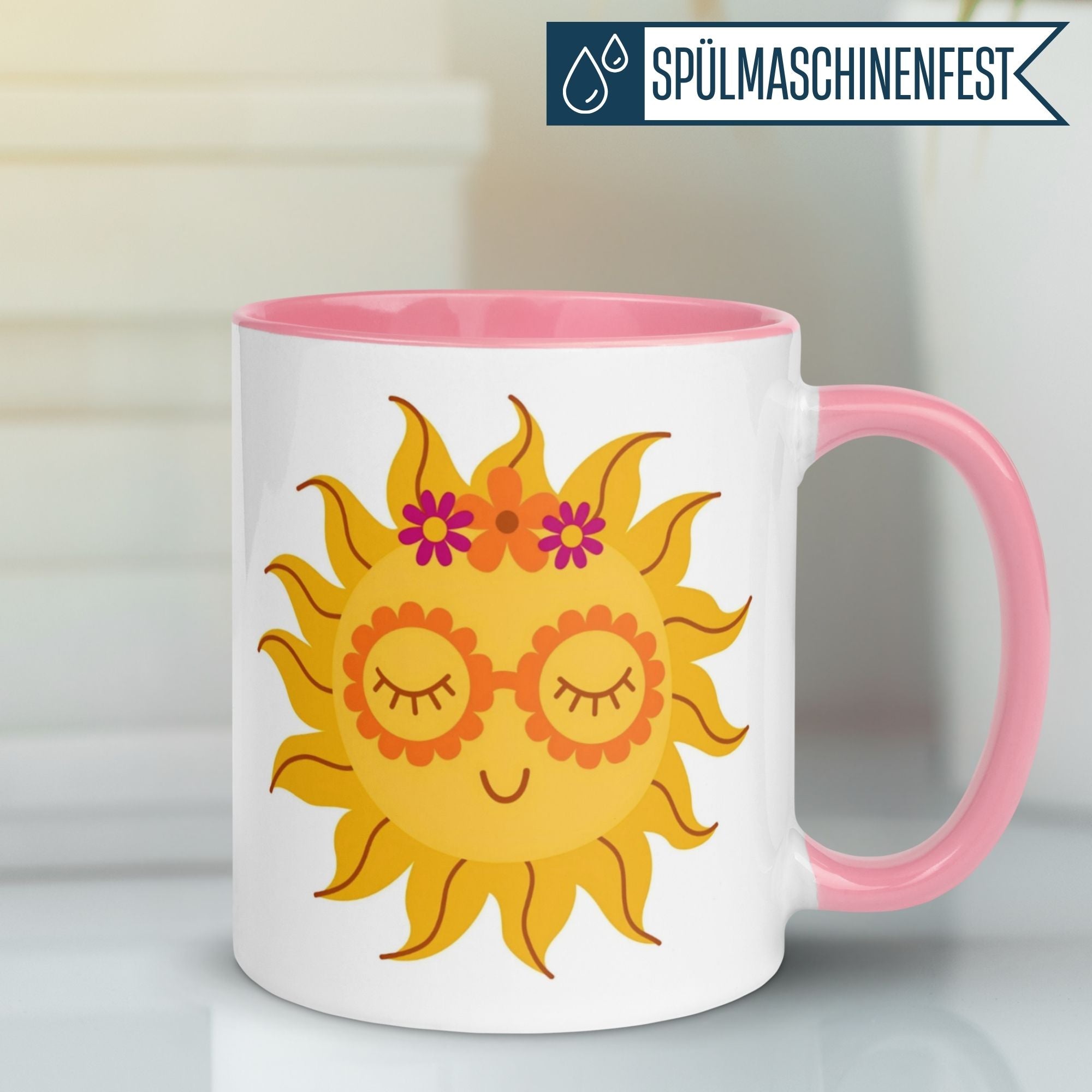 Momentals Tasse mit fröhlicher Sonne und Blütenbrille für entspannte Teepausen und gute Vibes.