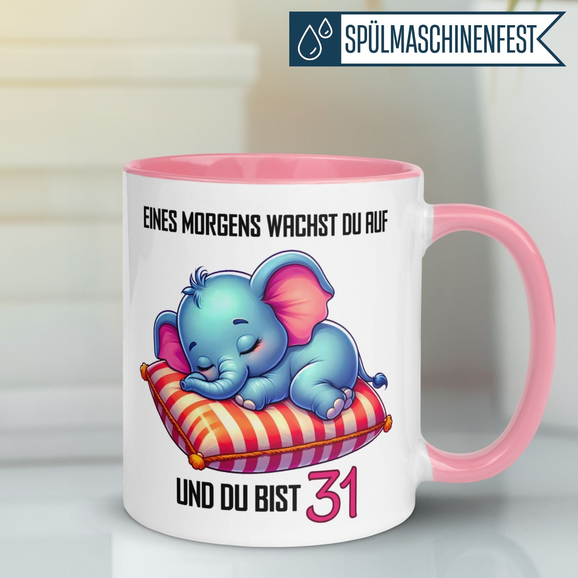 Niedliche Elefanten-Tasse zum 31. Geburtstag mit humorvollem Spruch und leuchtenden Farben.