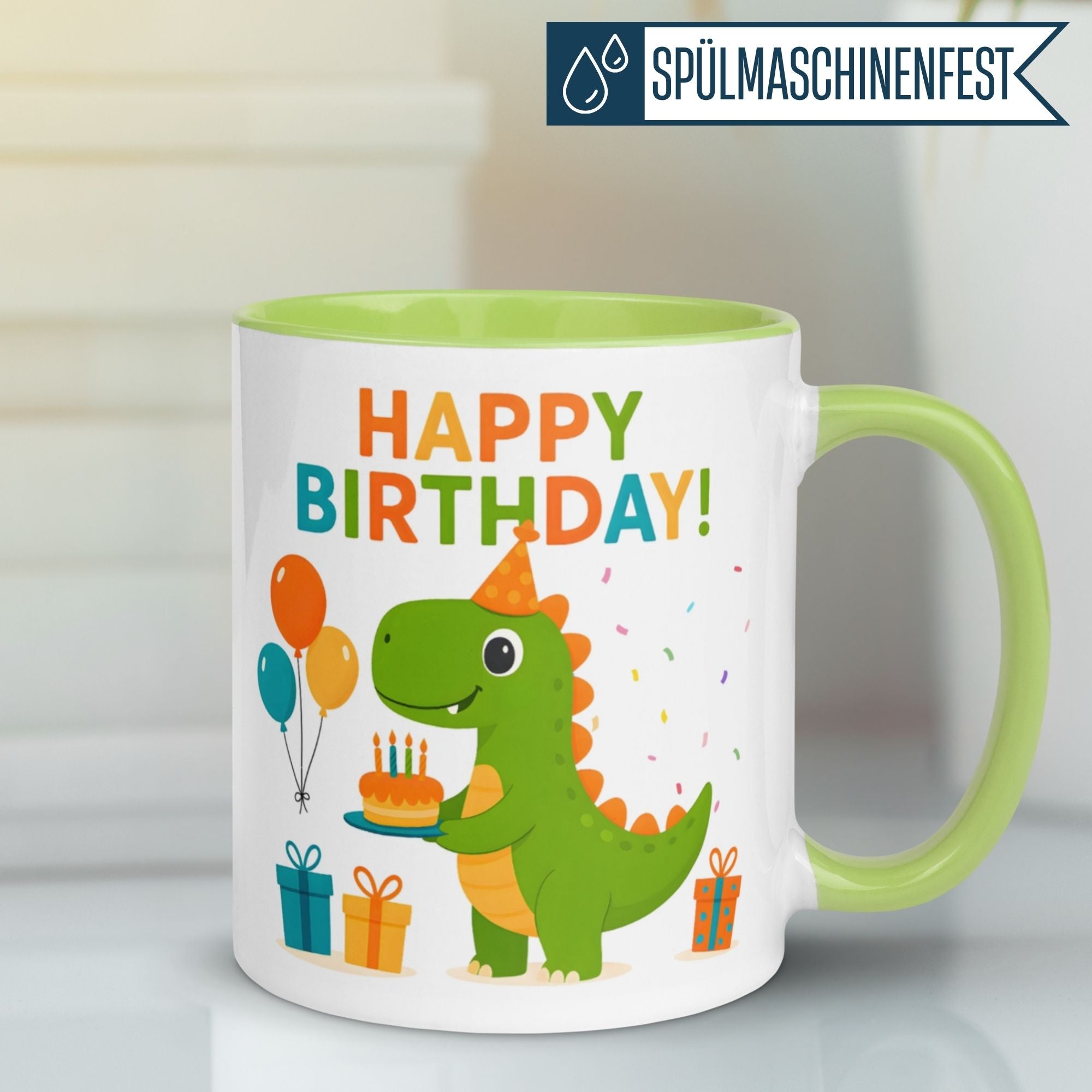 Tasse Dinosaurier – „Happy Birthday“ – Dino Geburtstag Geschenk Becher