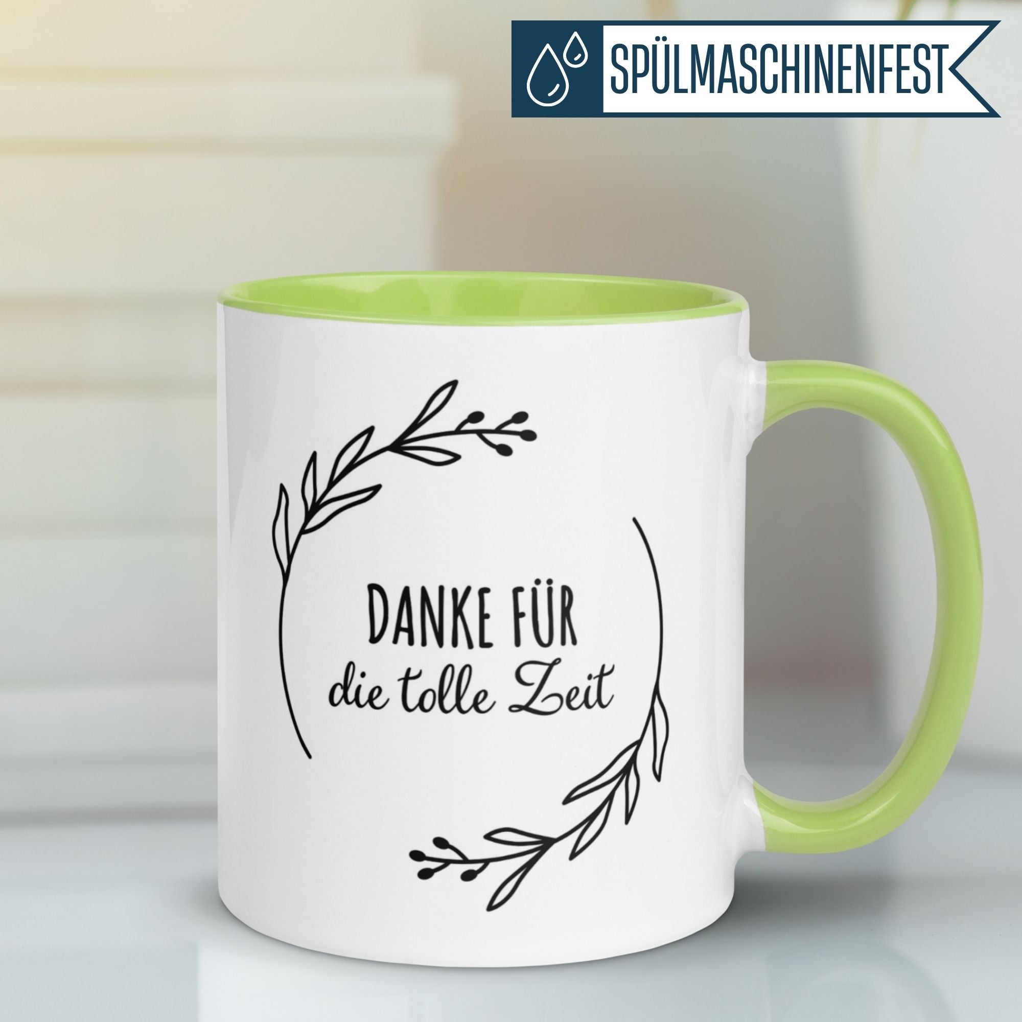 Momentals Tasse in Grün mit Spruch 'Danke für die tolle Zeit' und Blättermotiv