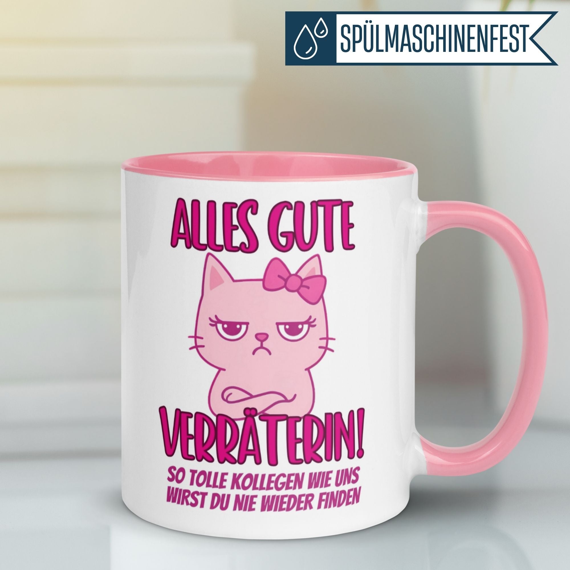 Momentals Tasse mit rosa Katze und Spruch für Kolleginnen – Geschenk der Wertschätzung.