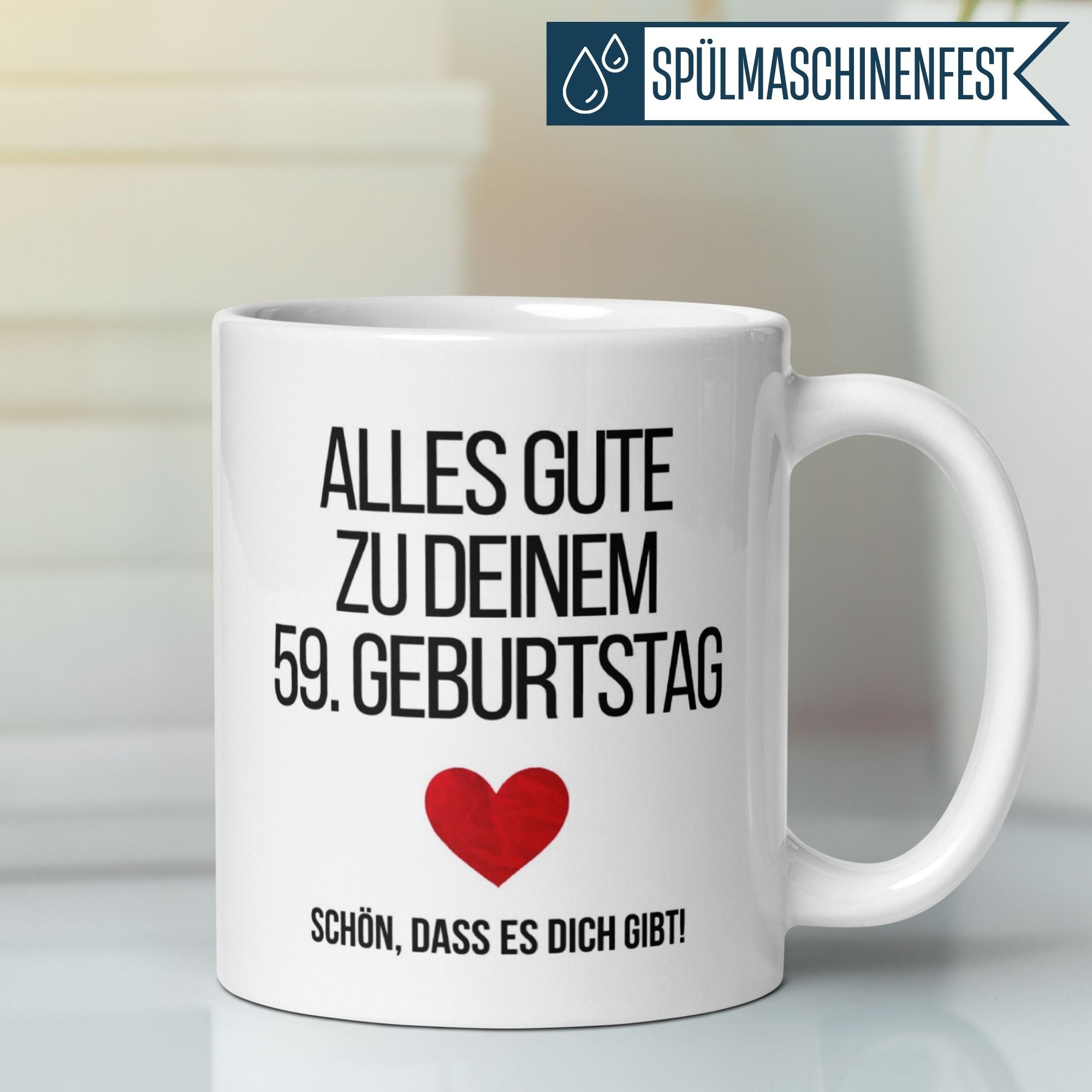 Momentals® Tasse zum 59. Geburtstag mit herzlichem Glückwunsch und rotem Herzmotiv.