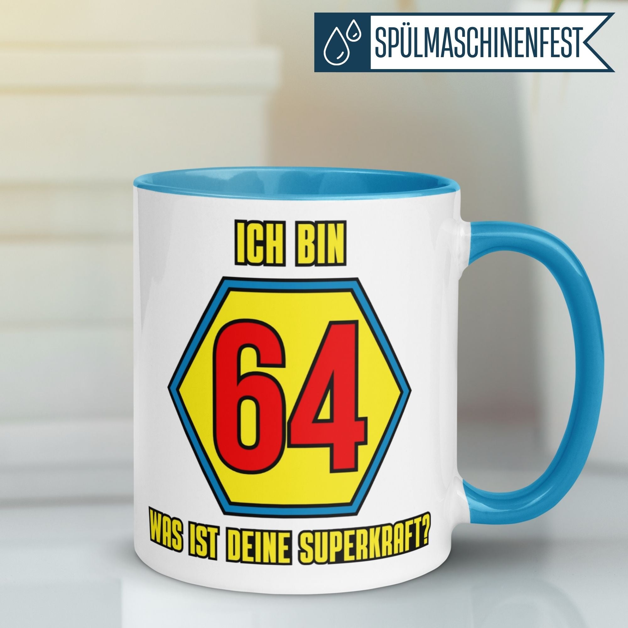 Momentals® Tasse 64. Geburtstag | Superheld & Spruch | Ich bin 64 und was ist deine Superkraft