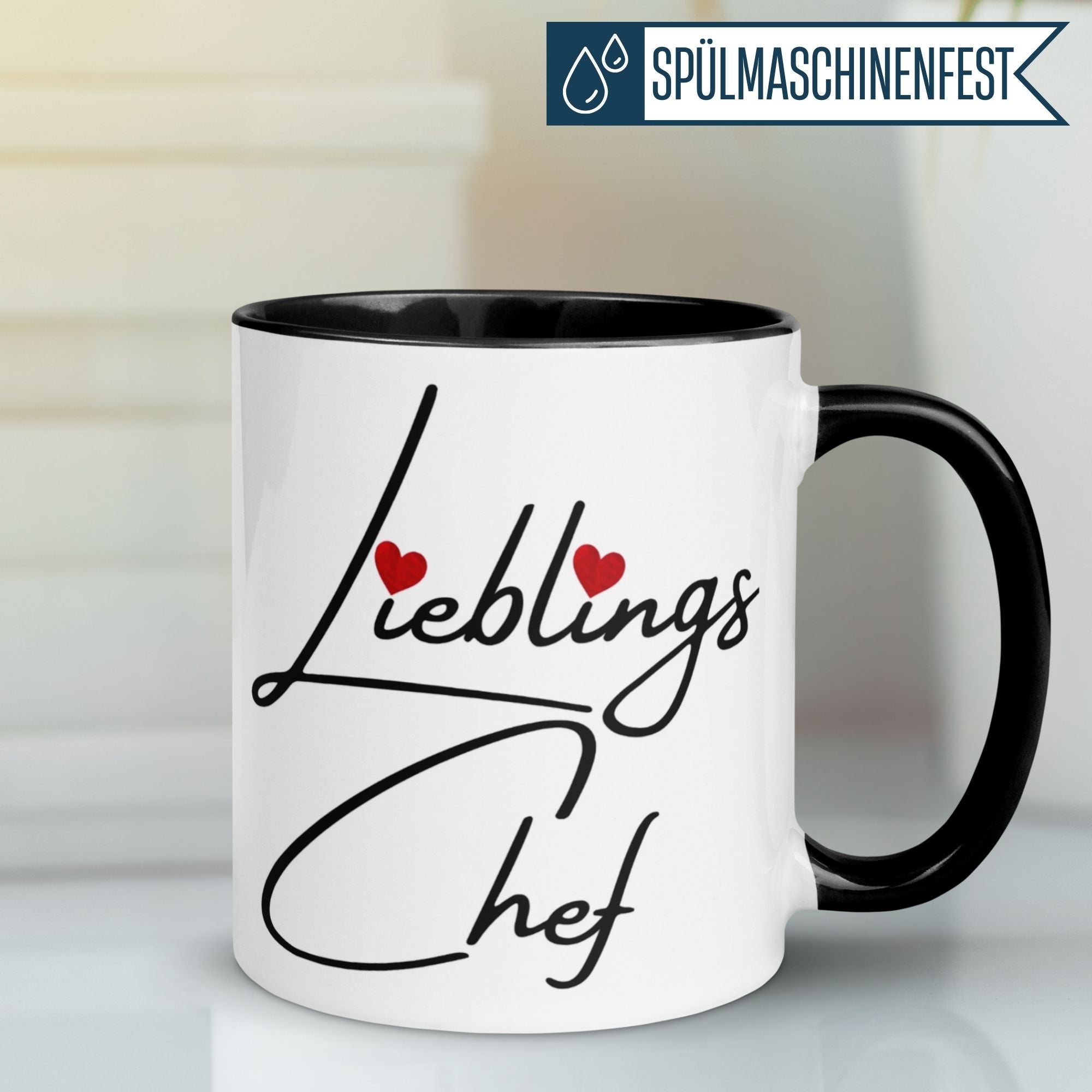 Momentals Tasse Lieblingschef mit roten Herz-Details für humorvolle Geschenke an Chefs.