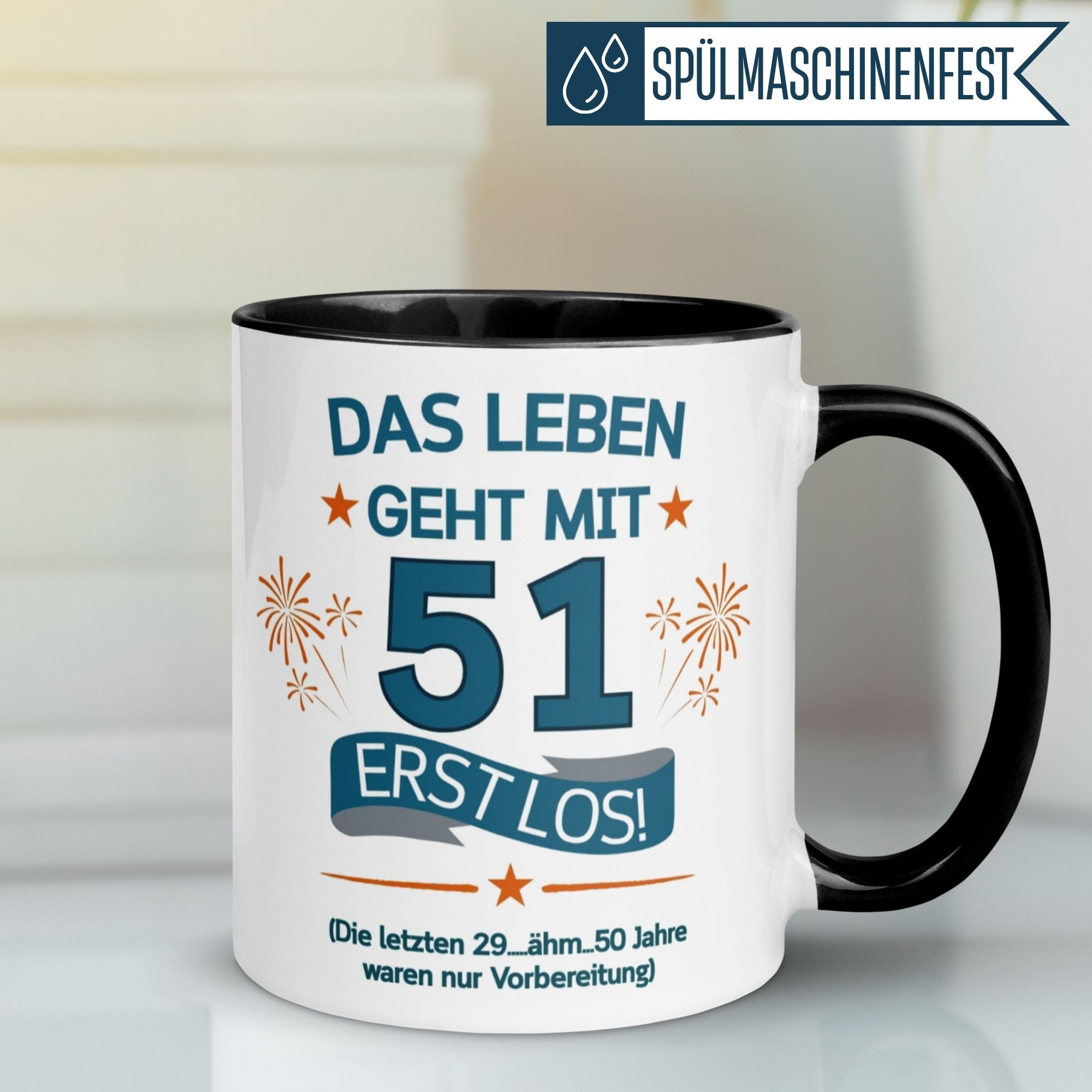 Momentals® Tasse zum 51. Geburtstag mit Spruch und Feuerwerk, perfektes Geschenk für Männer.
