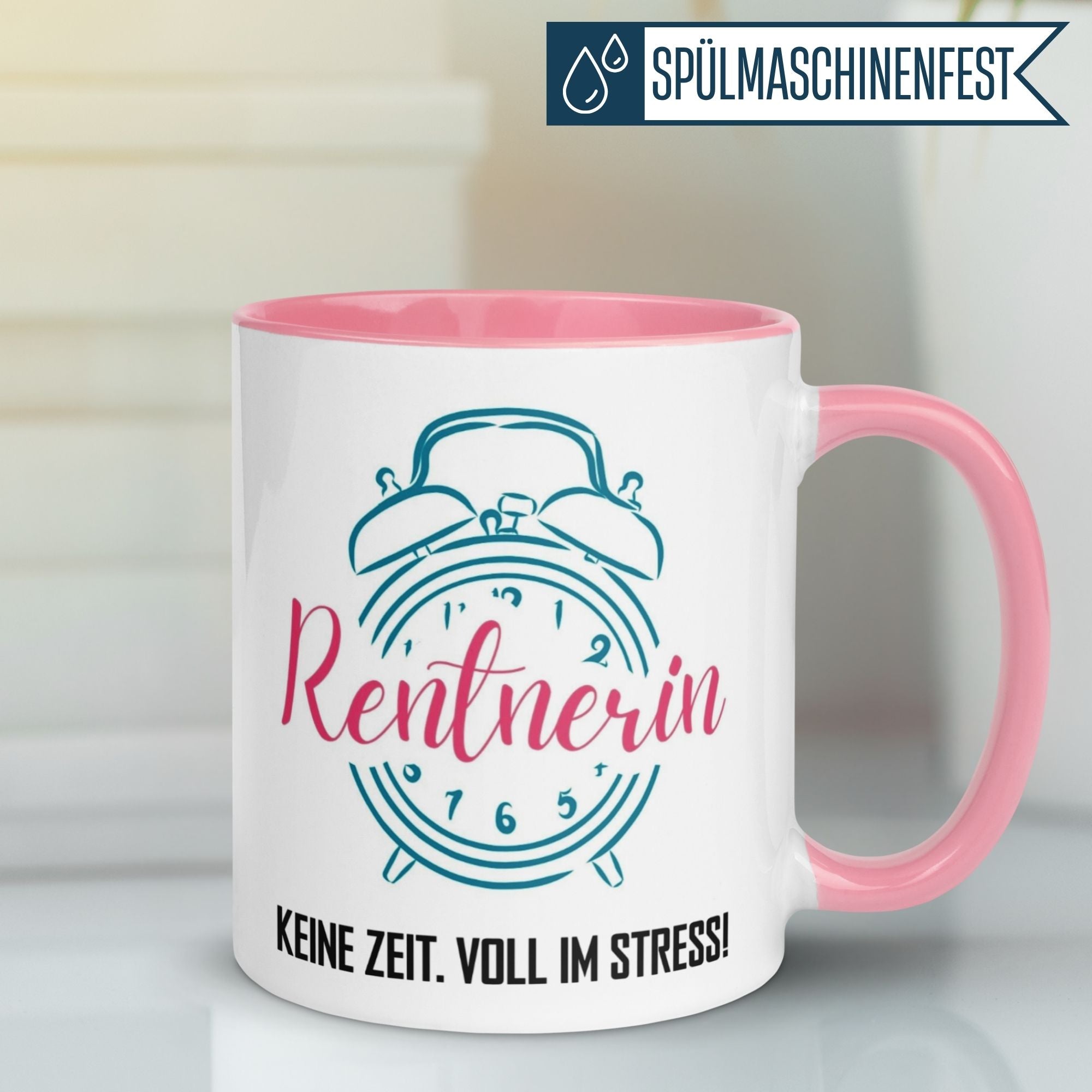 Momentals Tasse Rentnerin mit klassischem Wecker und Spruch: 'Keine Zeit. Voll im Stress!' - ideales Geschenk zum Renteneintritt.