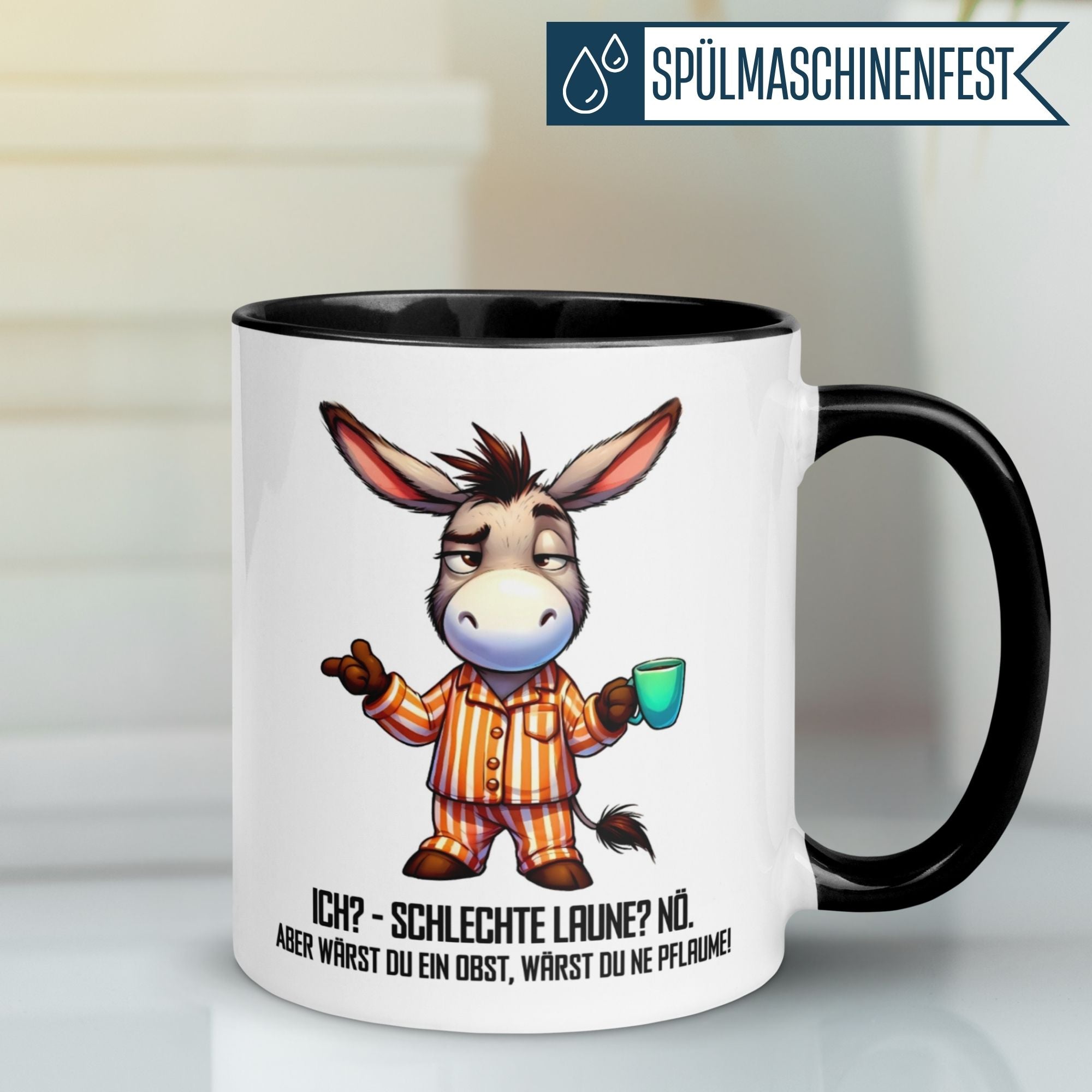 Momentals® Tasse mit Esel-Motiv, Spruch "Wärst du ein Obst – wärst du ne Pflaume", perfekt für Morgenmuffel.