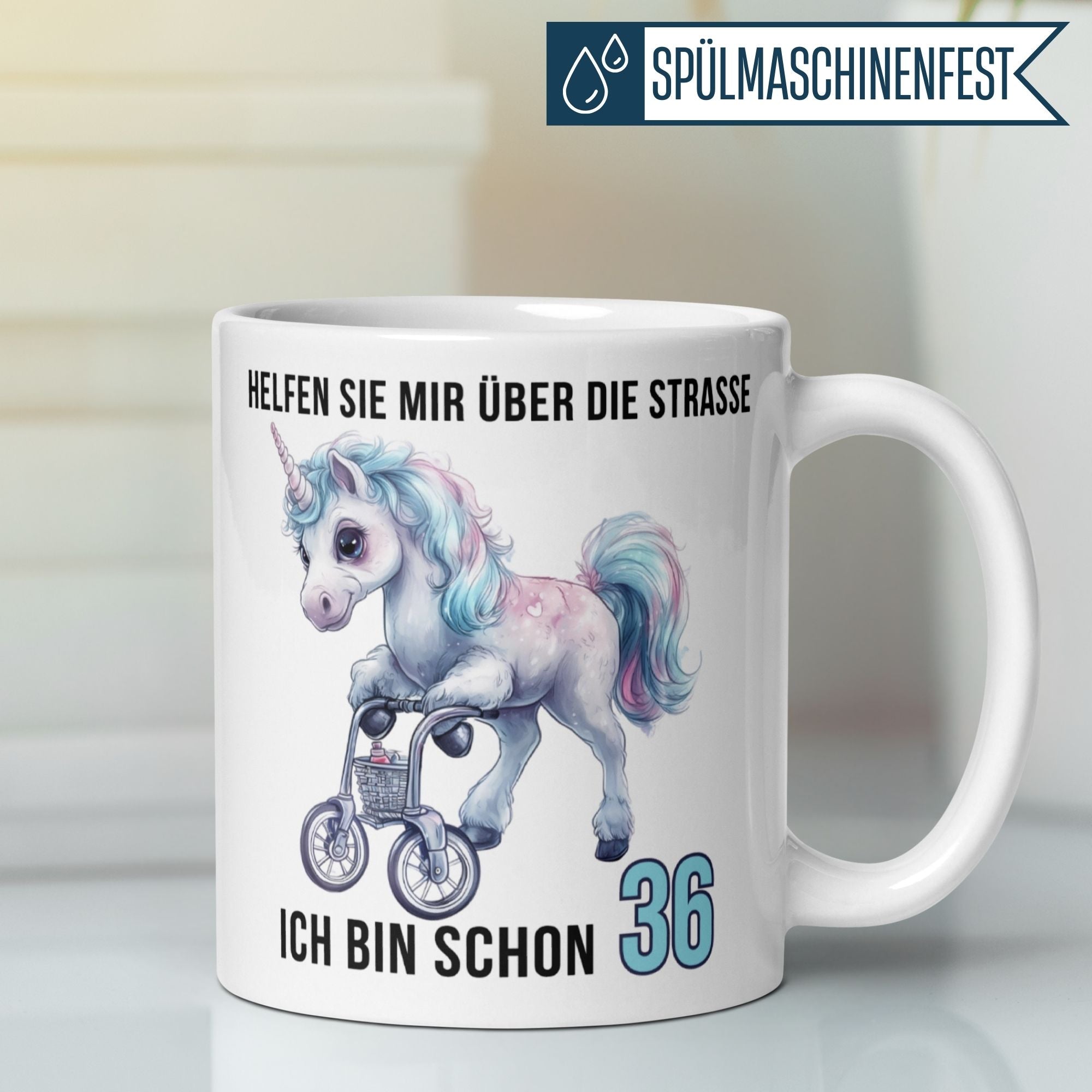 Momentals® Tasse 36. Geburtstag | Einhorn & Spruch | Helfen Sie mir über die Straße ich bin schon 36 • Momentals