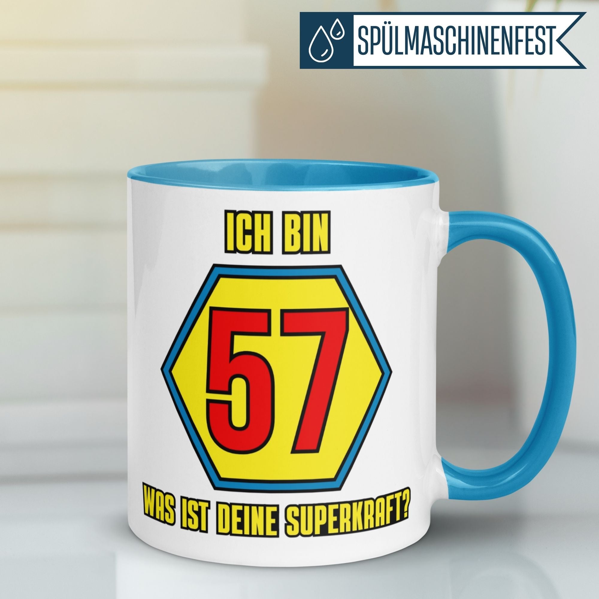 Momentals® Tasse 57. Geburtstag | Superheld & Spruch | Ich bin 57 und was ist deine Superkraft