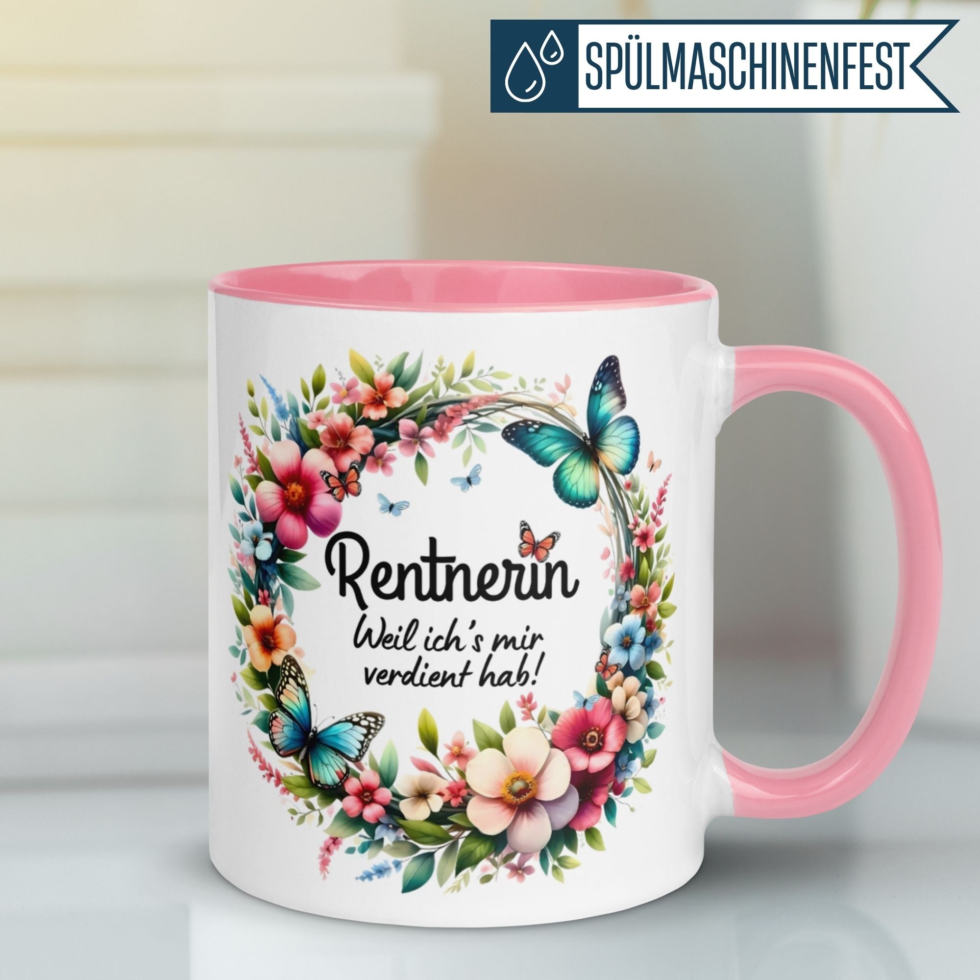 Momentals Tasse für Rentnerinnen mit buntem Blumenmotiv und Spruch "Rentnerin - Weil ich's mir verdient hab!"