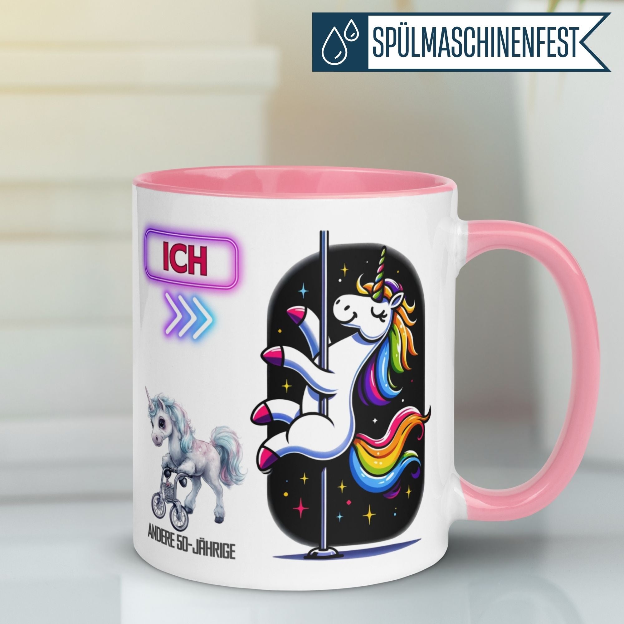 Bunte Geburtstagstasse mit Einhornmotiv und Spruch für den 50. Geburtstag, ideal als Geschenk.