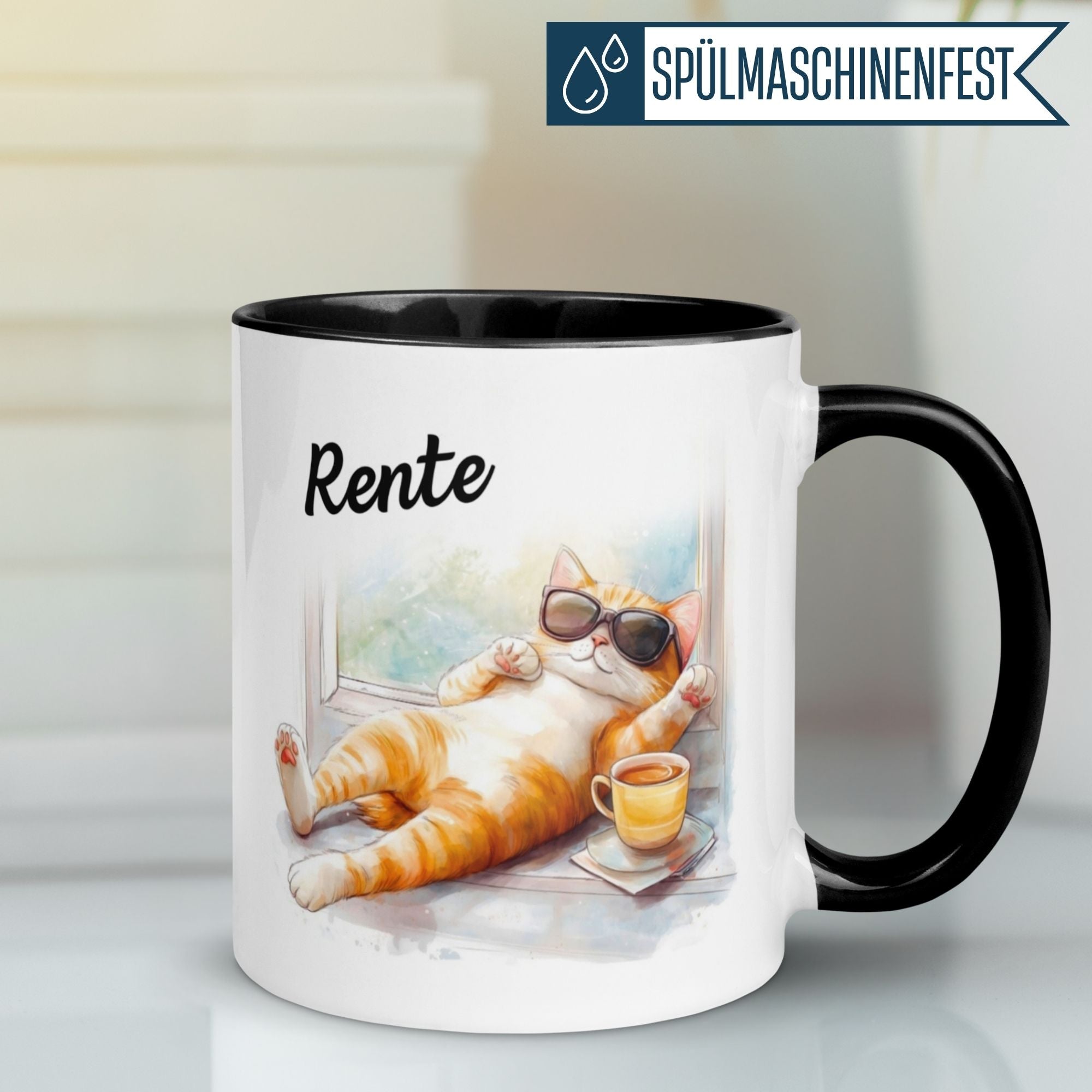 Charming coffee mug featuring a relaxed cat in sunglasses and the word 'Rente' for a stylish retirement vibe.