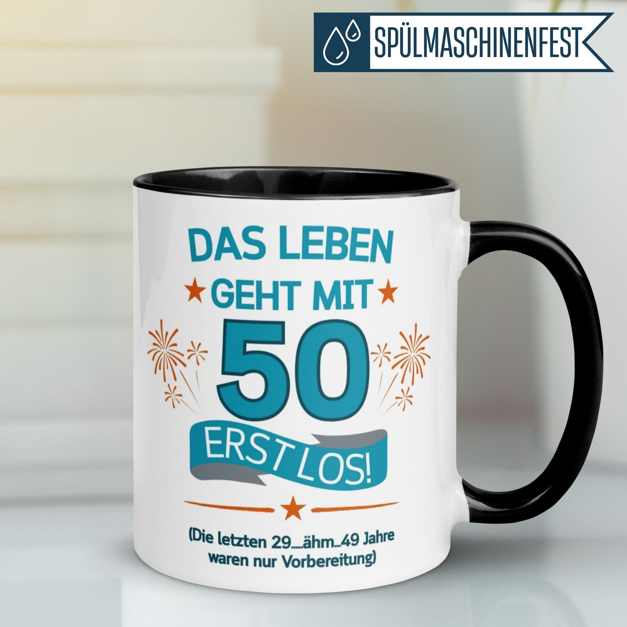 Momentals Tasse 50. Geburtstag mit Spruch und Feuerwerk für Männer – humorvolles Geschenk.