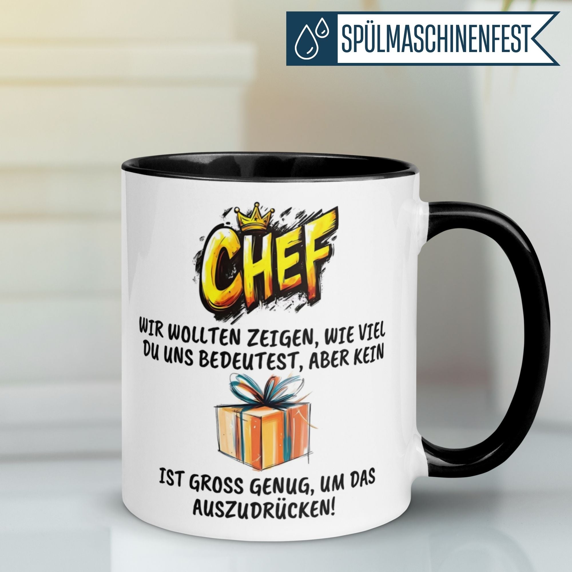 Momentals Tasse für Chefs mit humorvollem Spruch, perfekt für Abschiedsgeschenke.