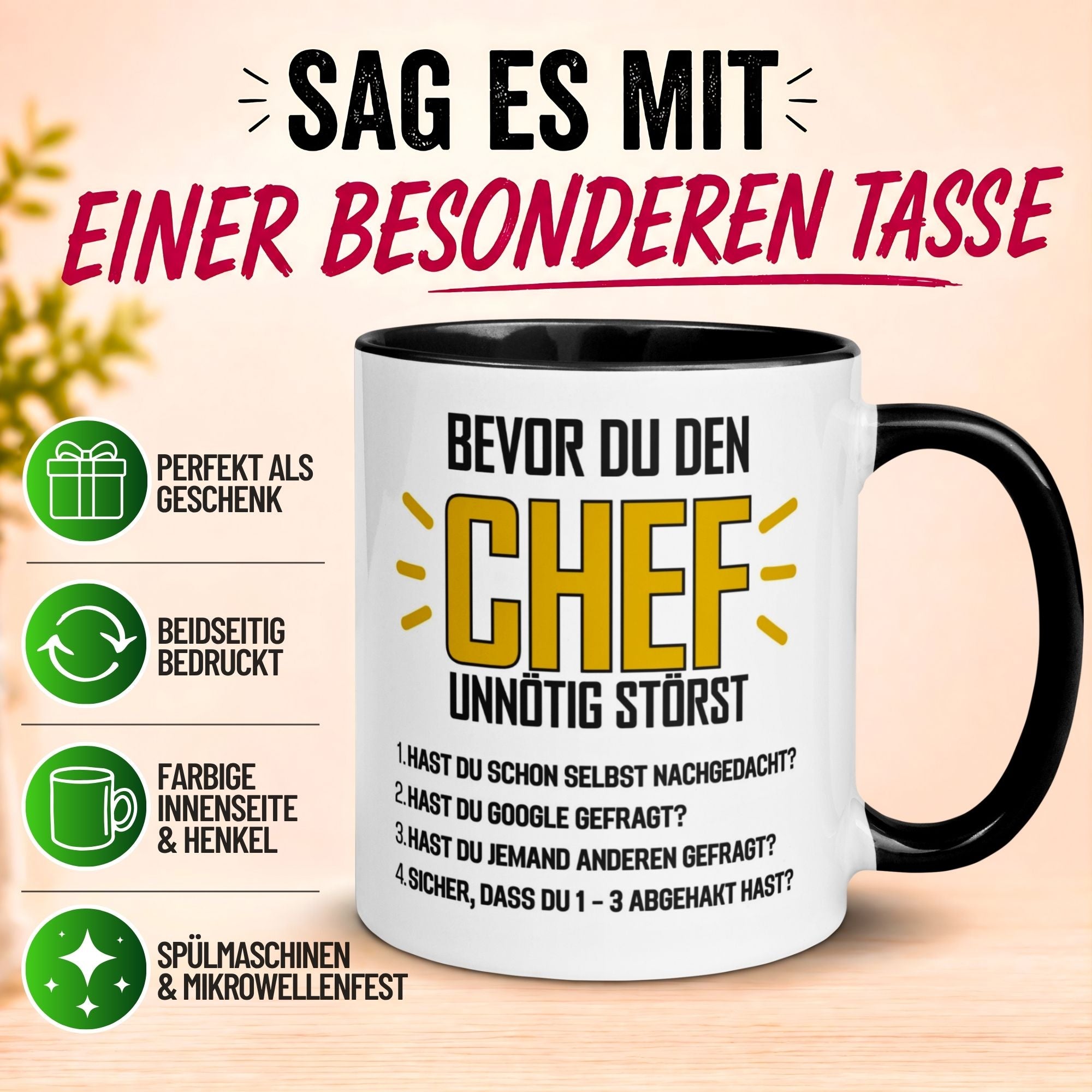 Tasse Chef – „Bevor du den Chef unnötig störst“ – Geschenk Becher Bester Chef