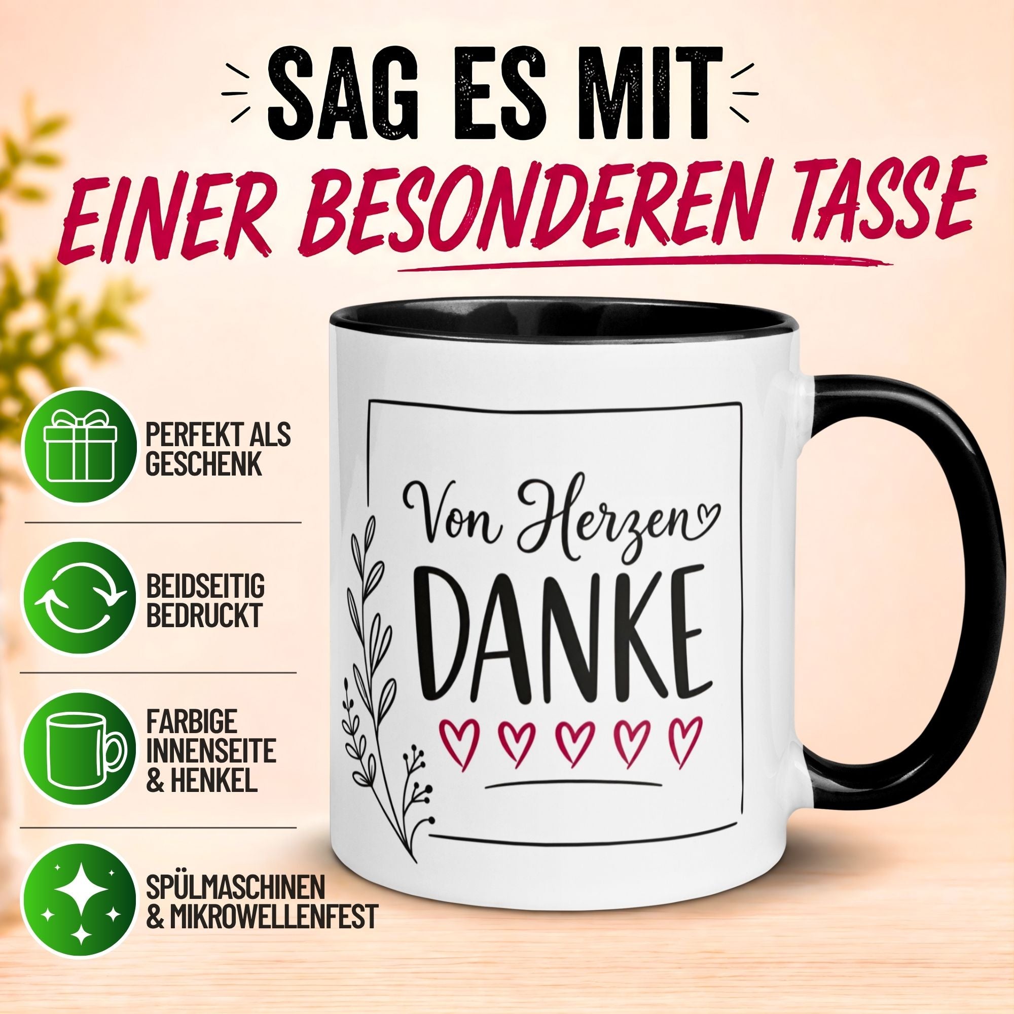 Tasse Danke – „Von Herzen Danke“ – Dankeschön Geschenke Freund/Freundin/Kollegen