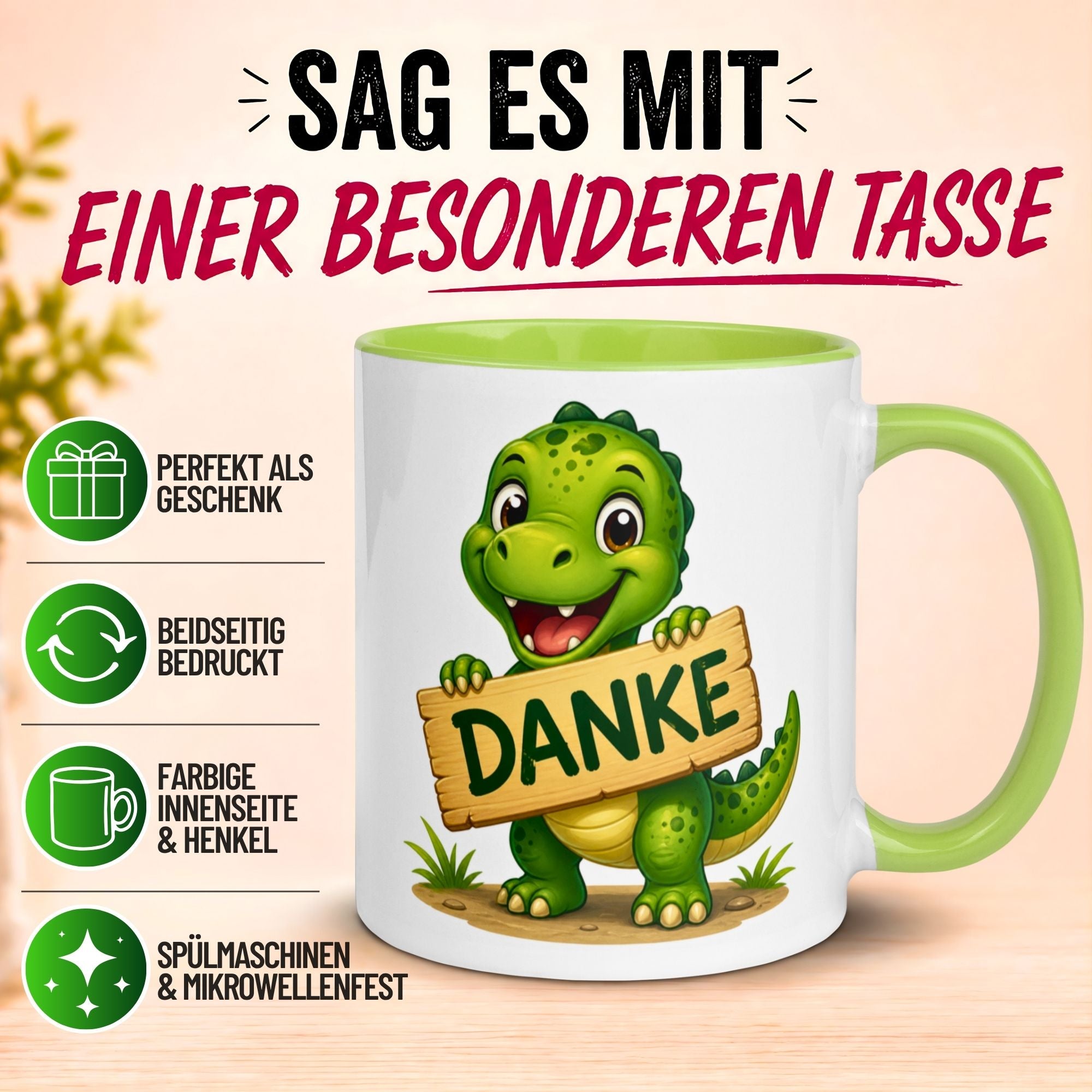 Tasse Dinosaurier – „Danke Schild“ – Dino Dankeschön Geschenk Becher