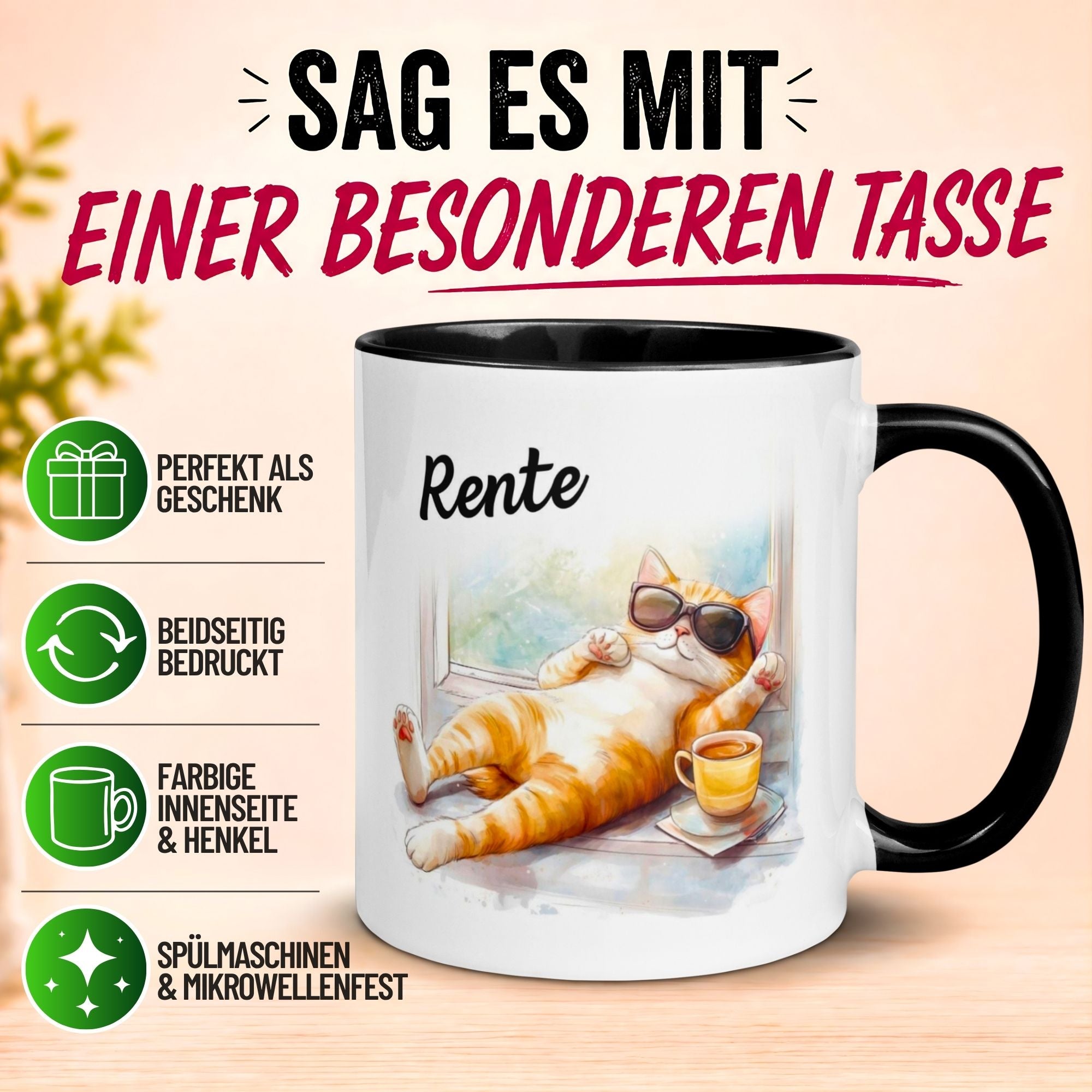 Tasse Rente – „Katze - Ab jetzt gibt’s nur noch Samstage“ – Becher zum Rentenbeginn