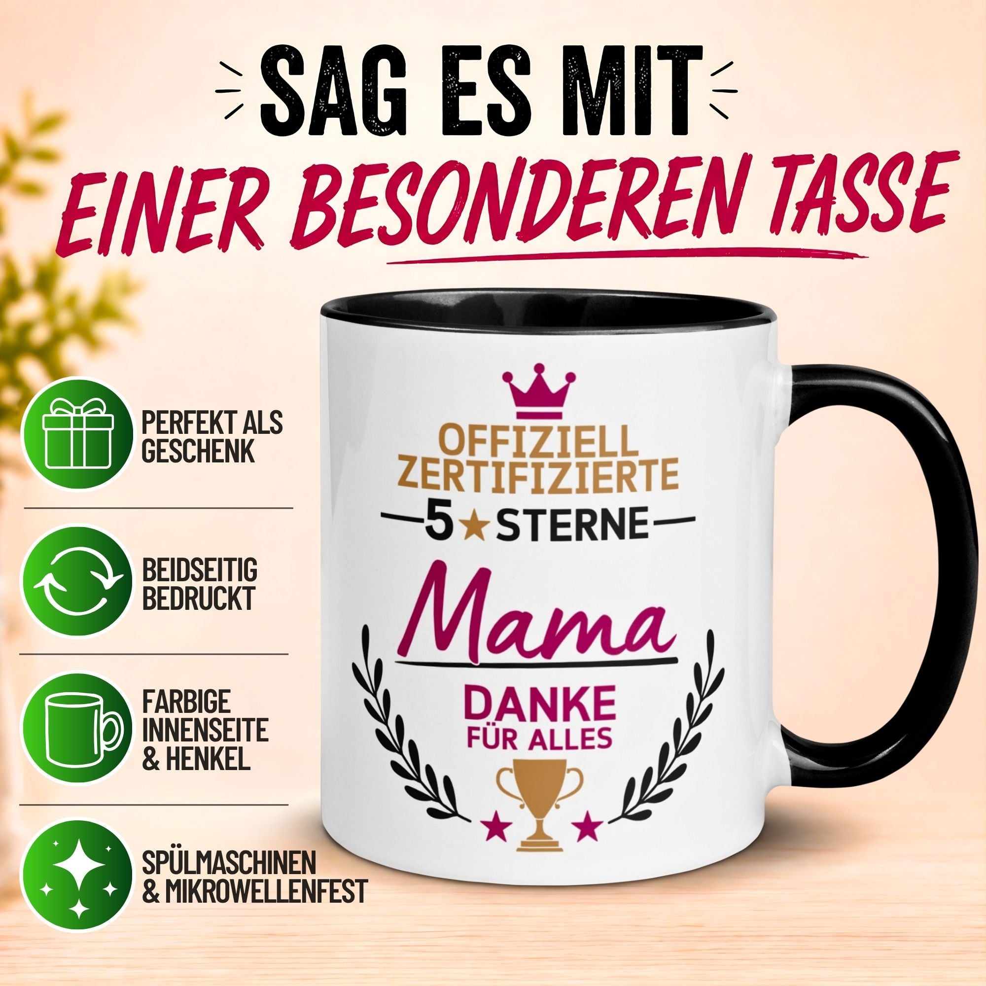 Tasse Mama – „Offiziell zertifizierte 5 Sterne Mama“ – Beste Mama Geschenk Becher