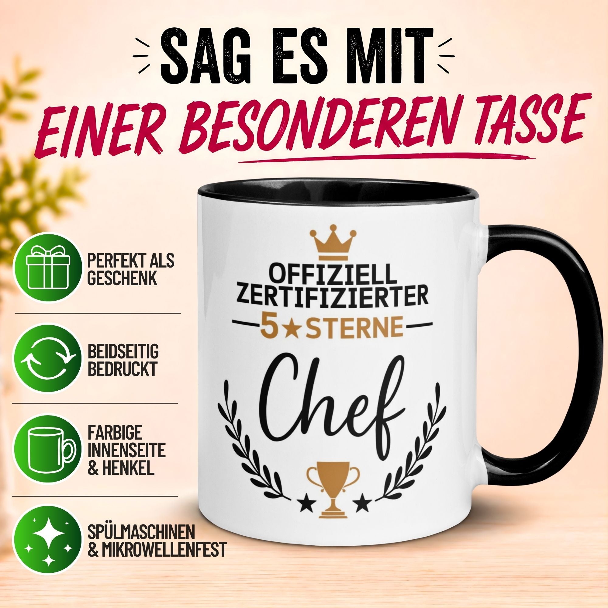 Tasse Chef – „Offiziell Zertifizierte 5 Sterne“ – Geschenk Becher Bester Chef