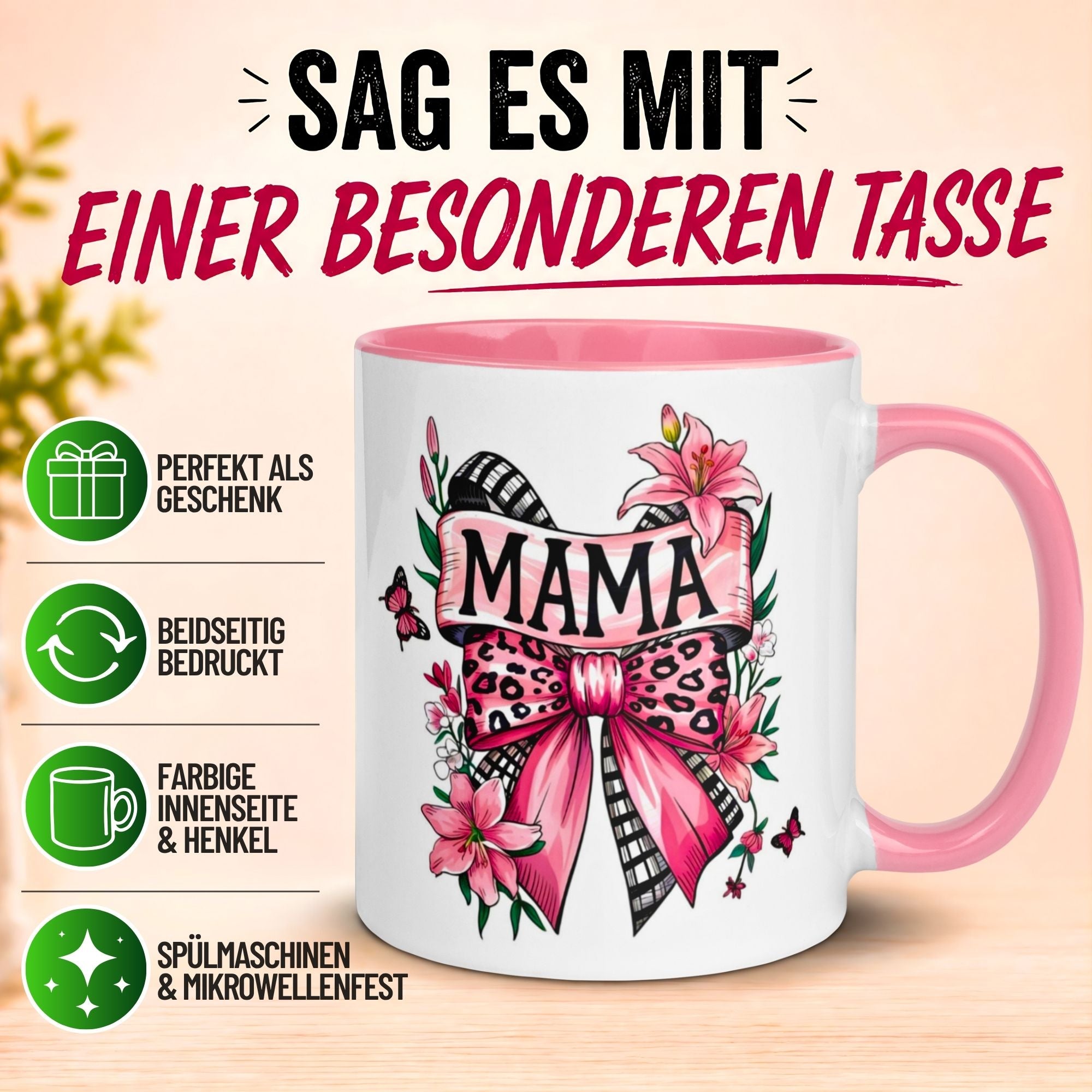 Tasse Mama – „Schmetterling & Schleife“ – Beste Mama Geschenk Becher für Weihnachten