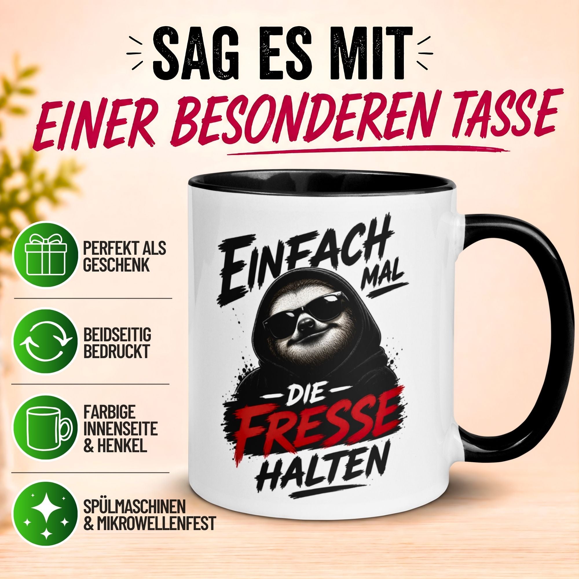 Tasse Faultier – „Einfach mal die Fresse halten“ – lustiger Morgenmuffel Becher