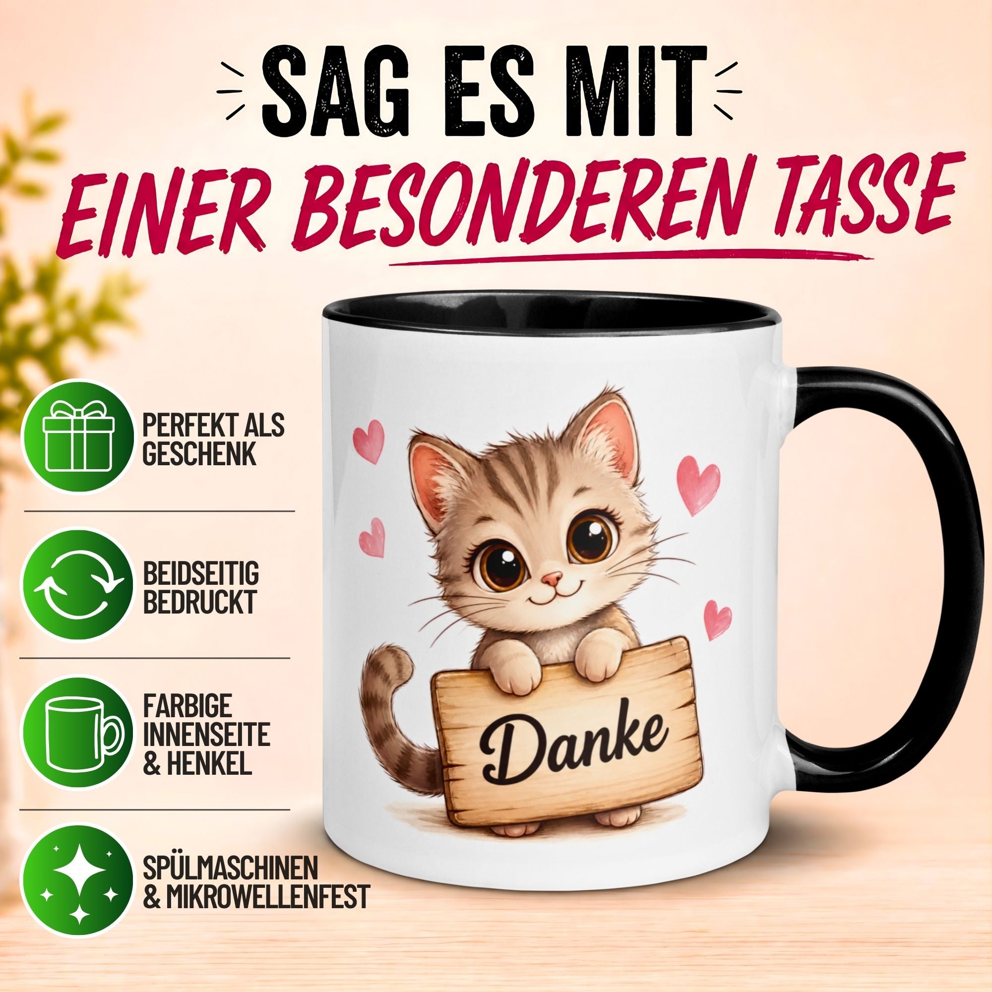 Tasse Danke – „Katze mit Danke Schild“ – Dankeschön Geschenke