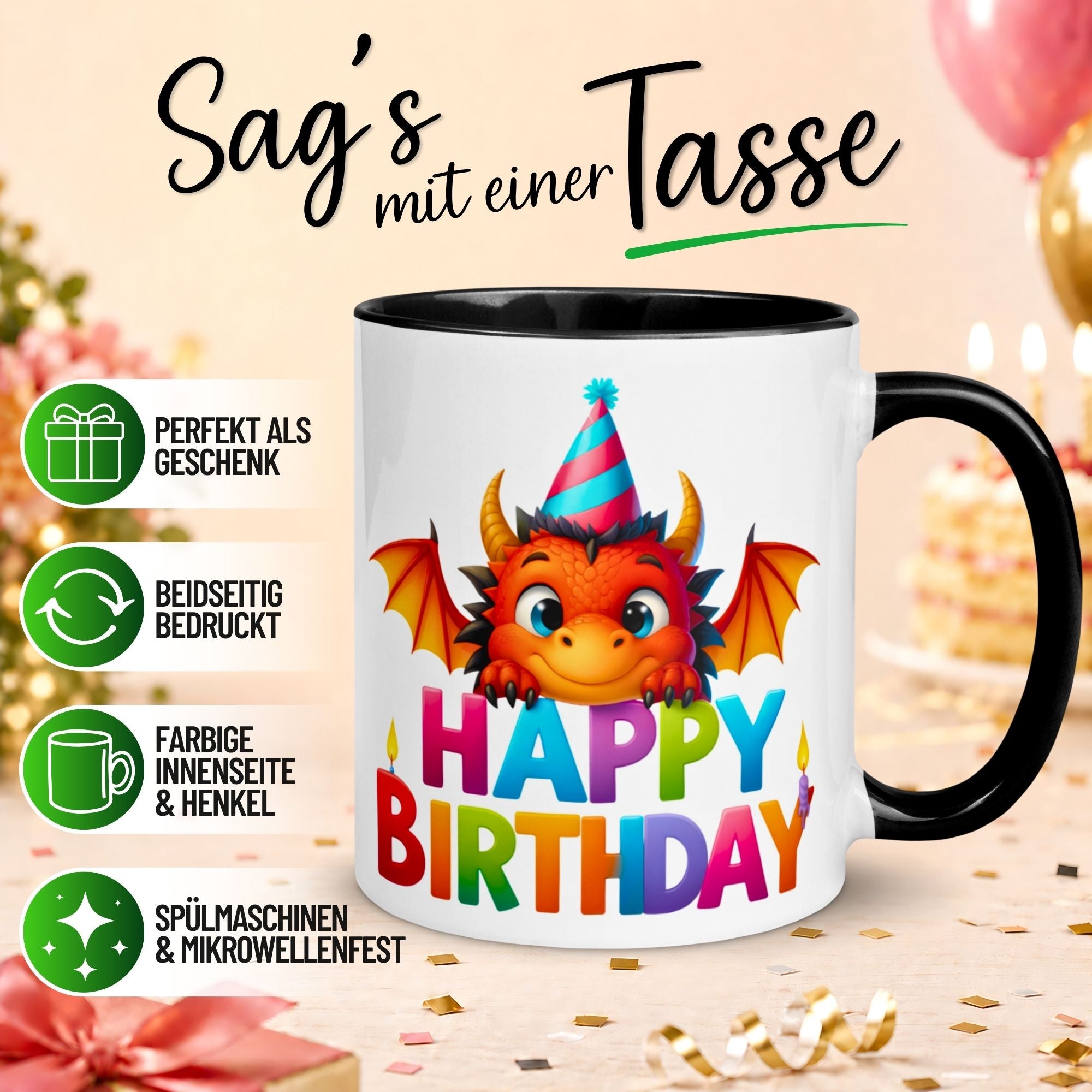 Tasse Geburtstag – „Happy Birthday Drache“ – Geburtstagsgeschenk Junge Mädchen