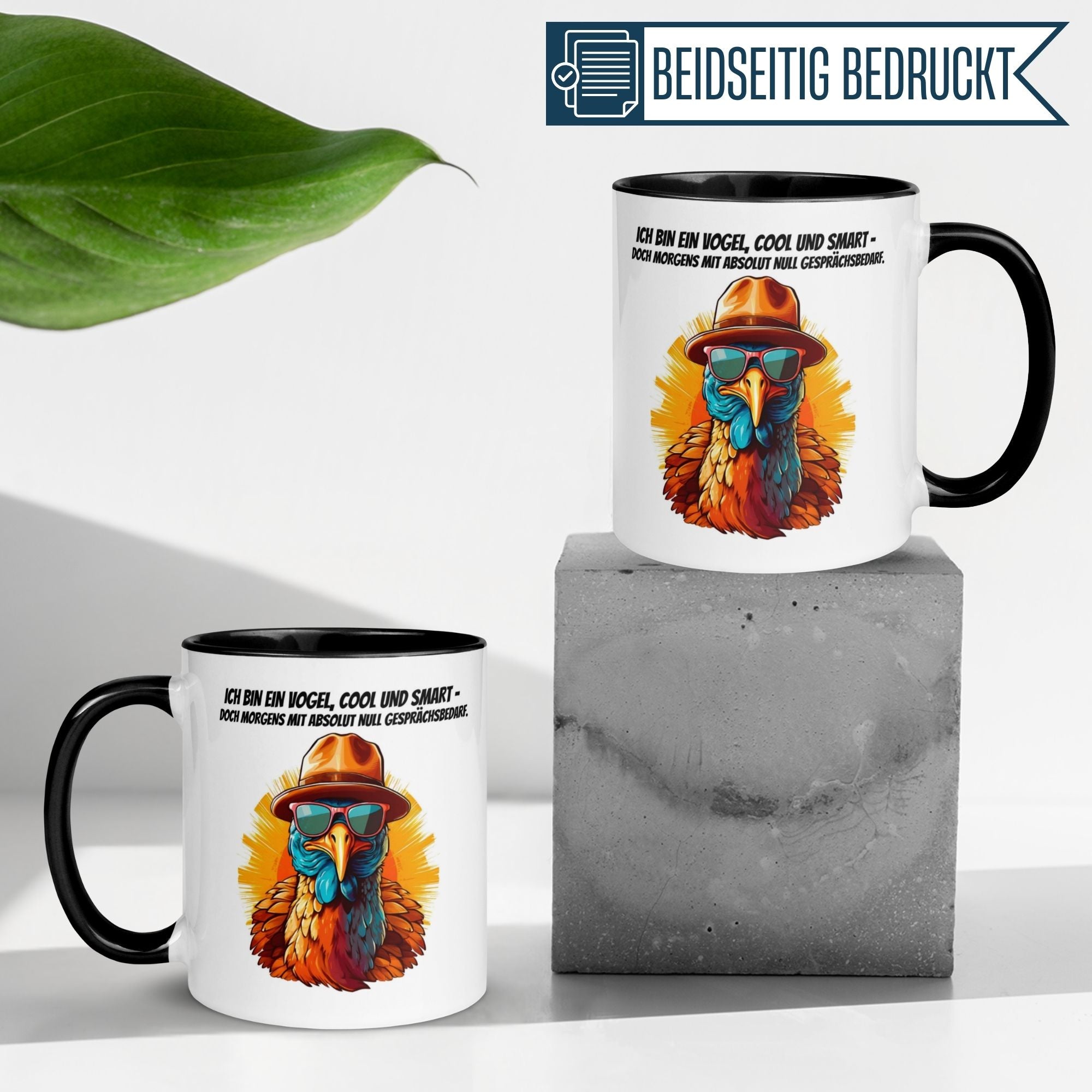 Momentals® Tasse mit Vogel-Motiv und Spruch, ideal für echte Morgenmuffel, verspielt und humorvoll.