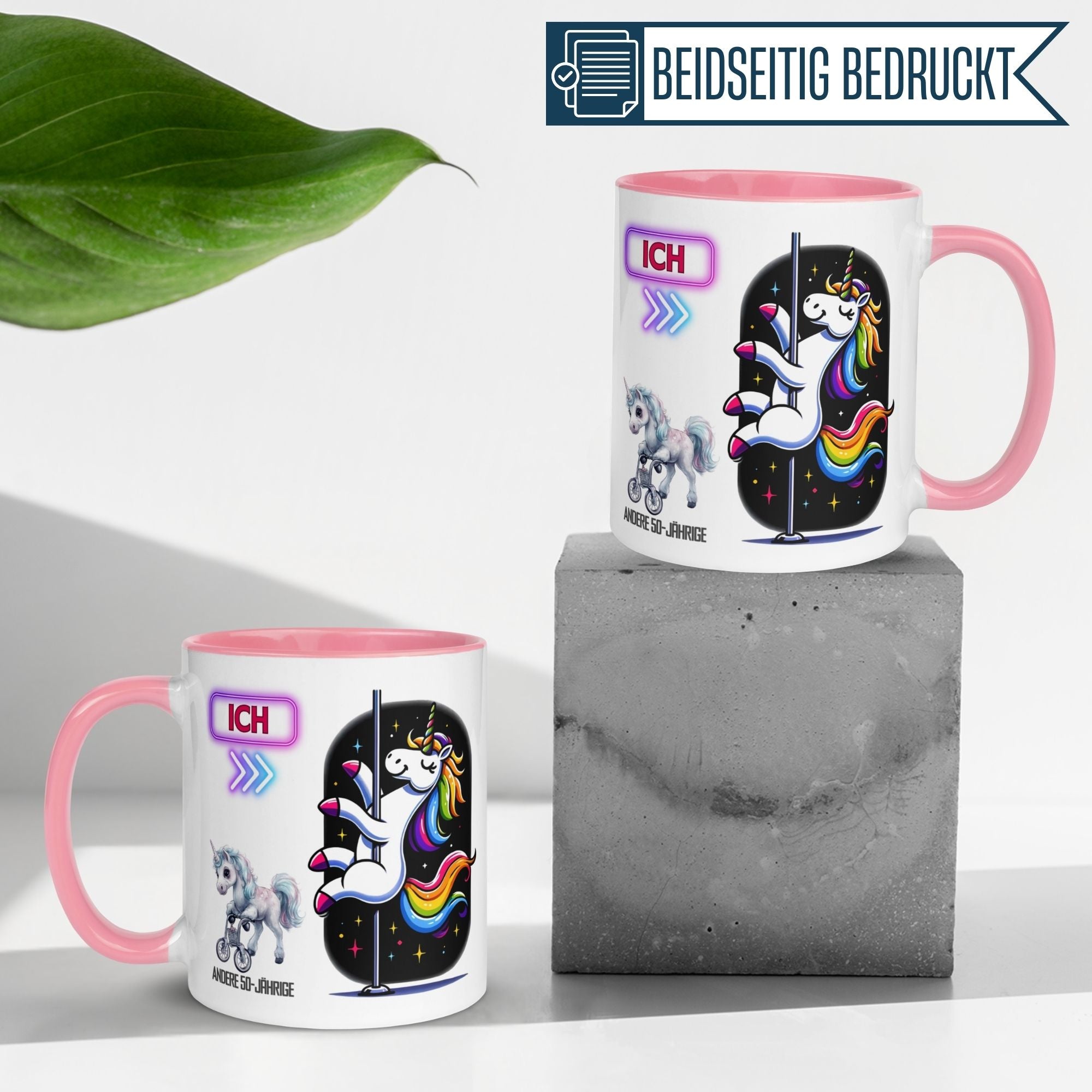 Momentals® Tasse für den 50. Geburtstag mit Einhorn-Motiv, witzig und doppelseitig bedruckt.