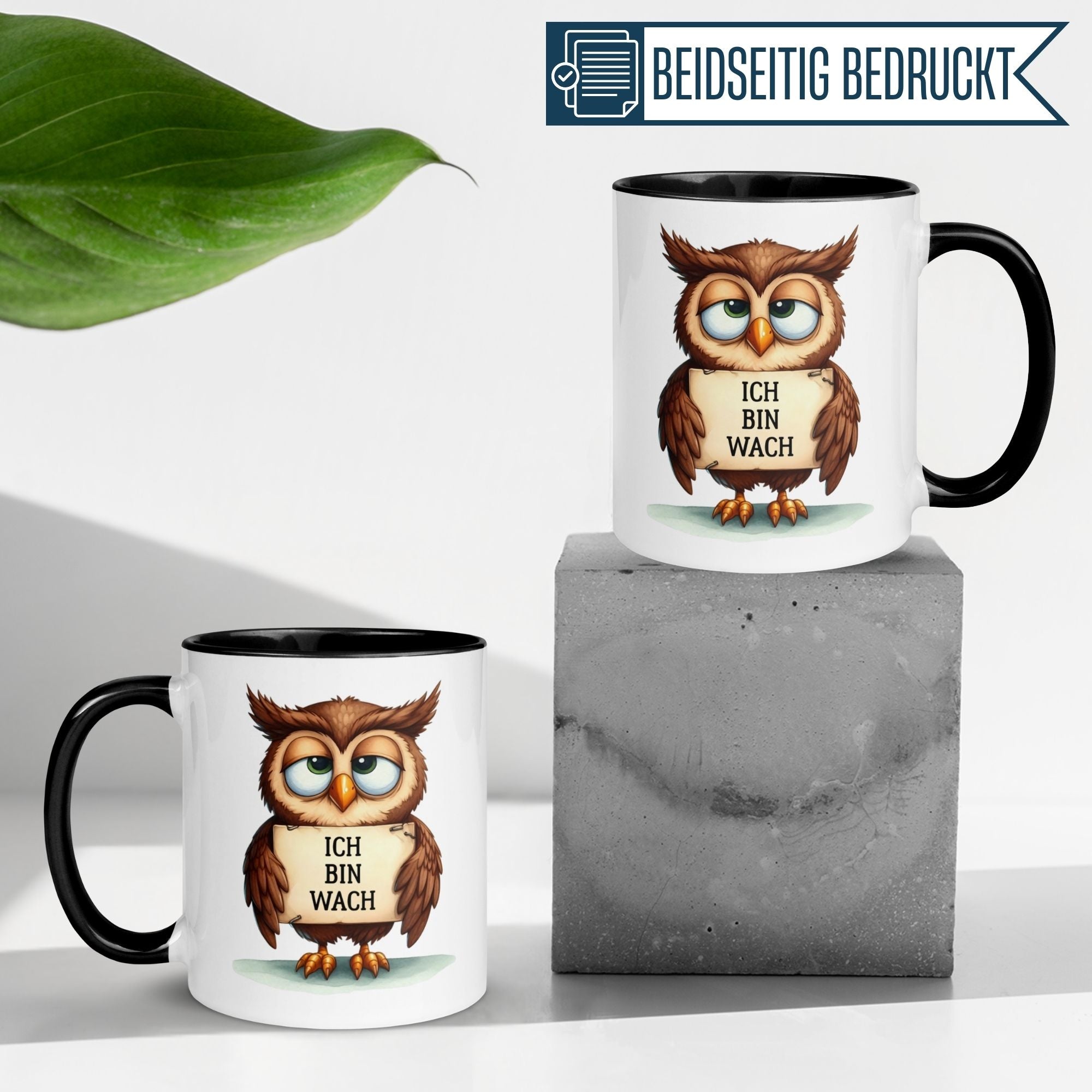 Momentals® Tasse mit Eule und dem Spruch "Ich bin wach" für Morgenmuffel, humorvoll und charmant.