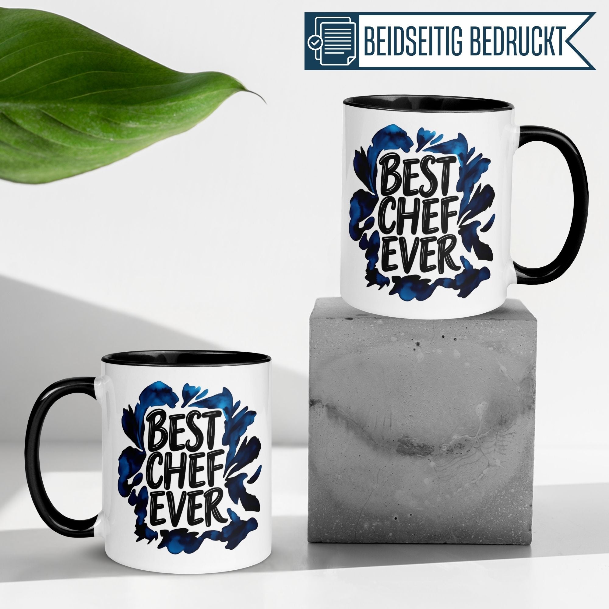 Momentals® Tasse Chef mit blauem Aquarellmotiv, ‚Best Chef Ever‘ Schriftzug, ideal als Geschenk.