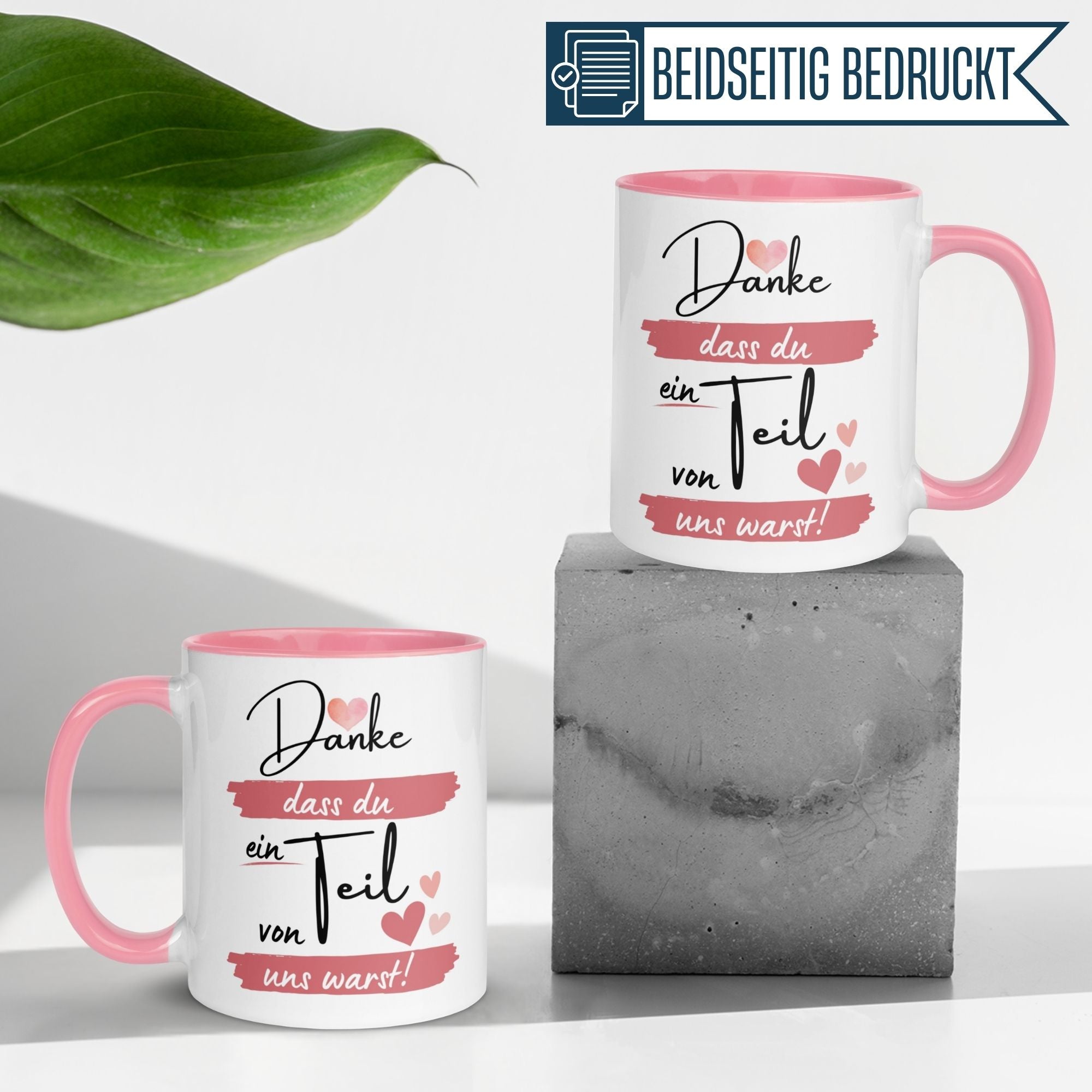 Momentals Tasse mit Spruch "Danke dass du ein Teil von uns warst!" in pastellfarbenem Design.