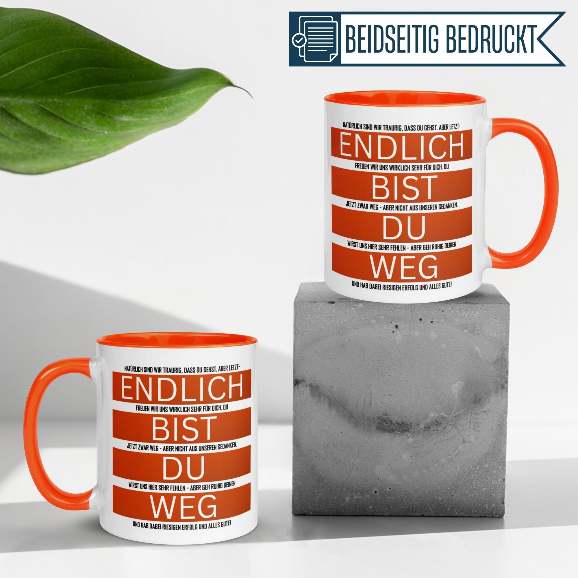 Momentals® Tasse Abschied | Humorvoll & Spruch | Endlich bist du weg - Orange