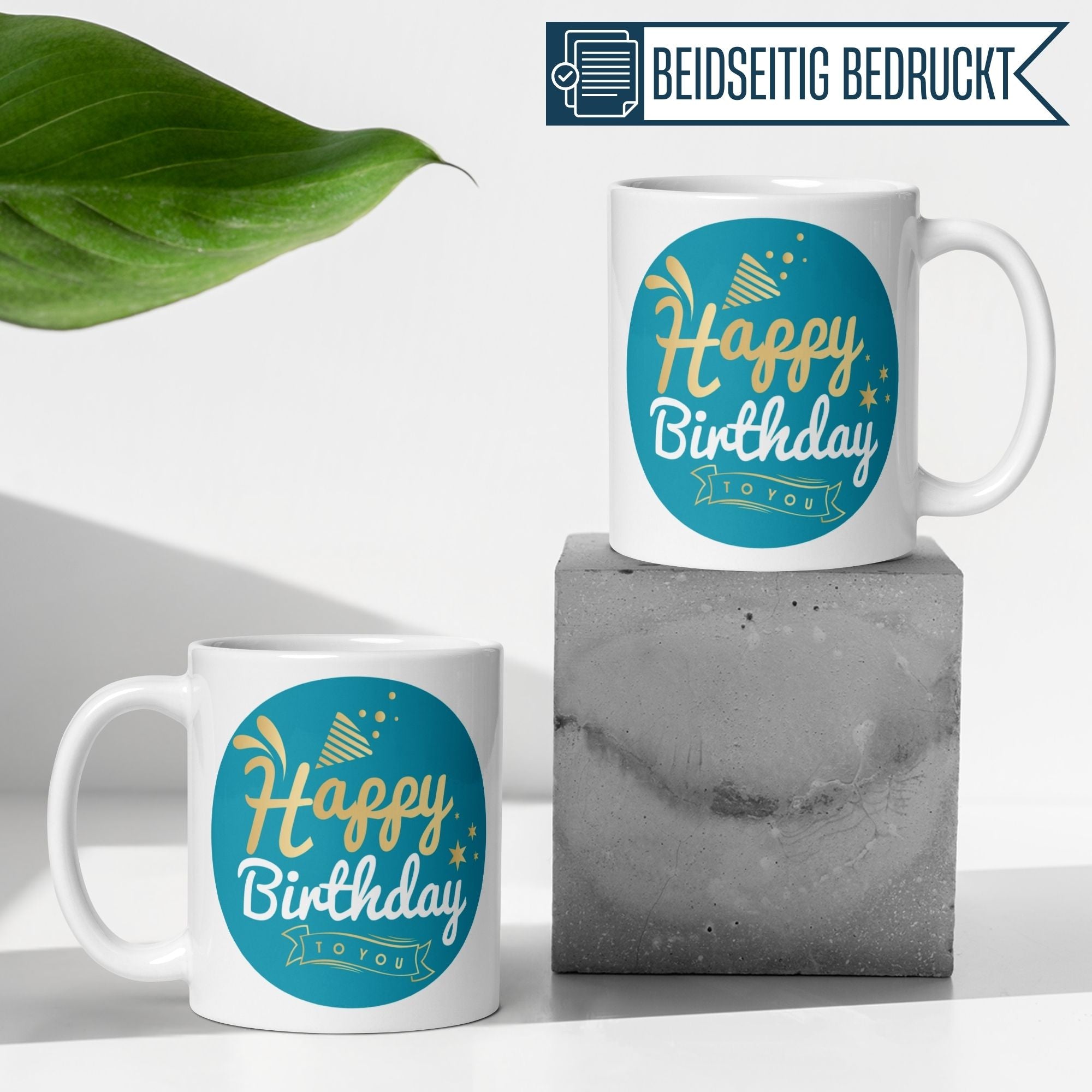 Momentals® Happy Birthday mug in turquoise and gold, perfect for birthday celebrations.