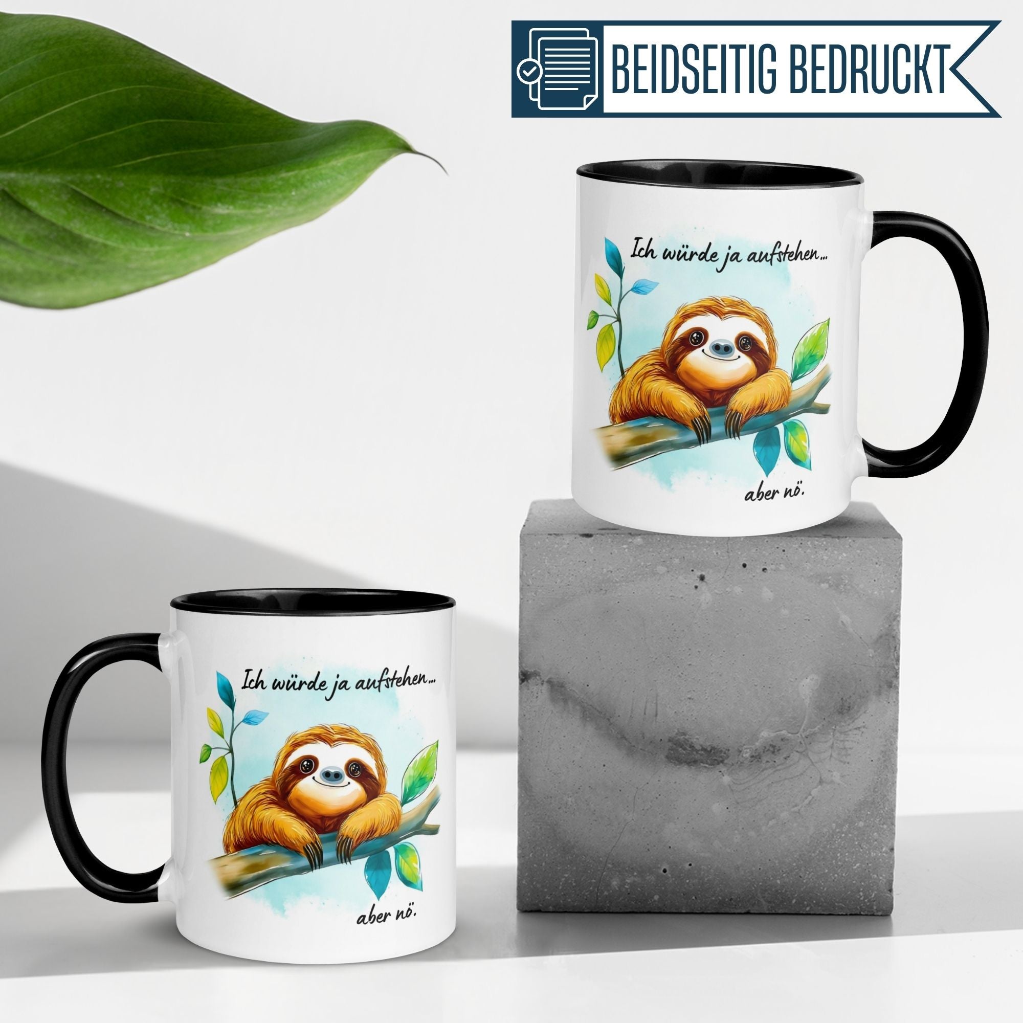 Momentals® Tasse mit Faultier-Motiv und witzigem Spruch für Kaffee-Liebhaber und Morgenmuffel.