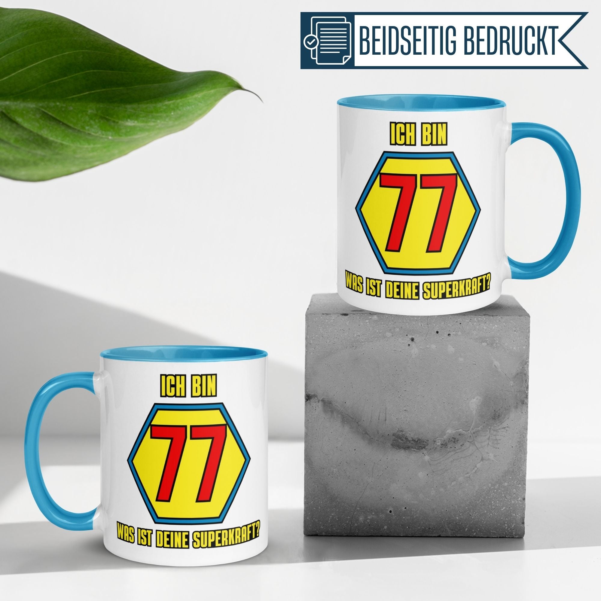 Momentals® Tasse 77. Geburtstag | Superheld & Spruch | Ich bin 77 und was ist deine Superkraft