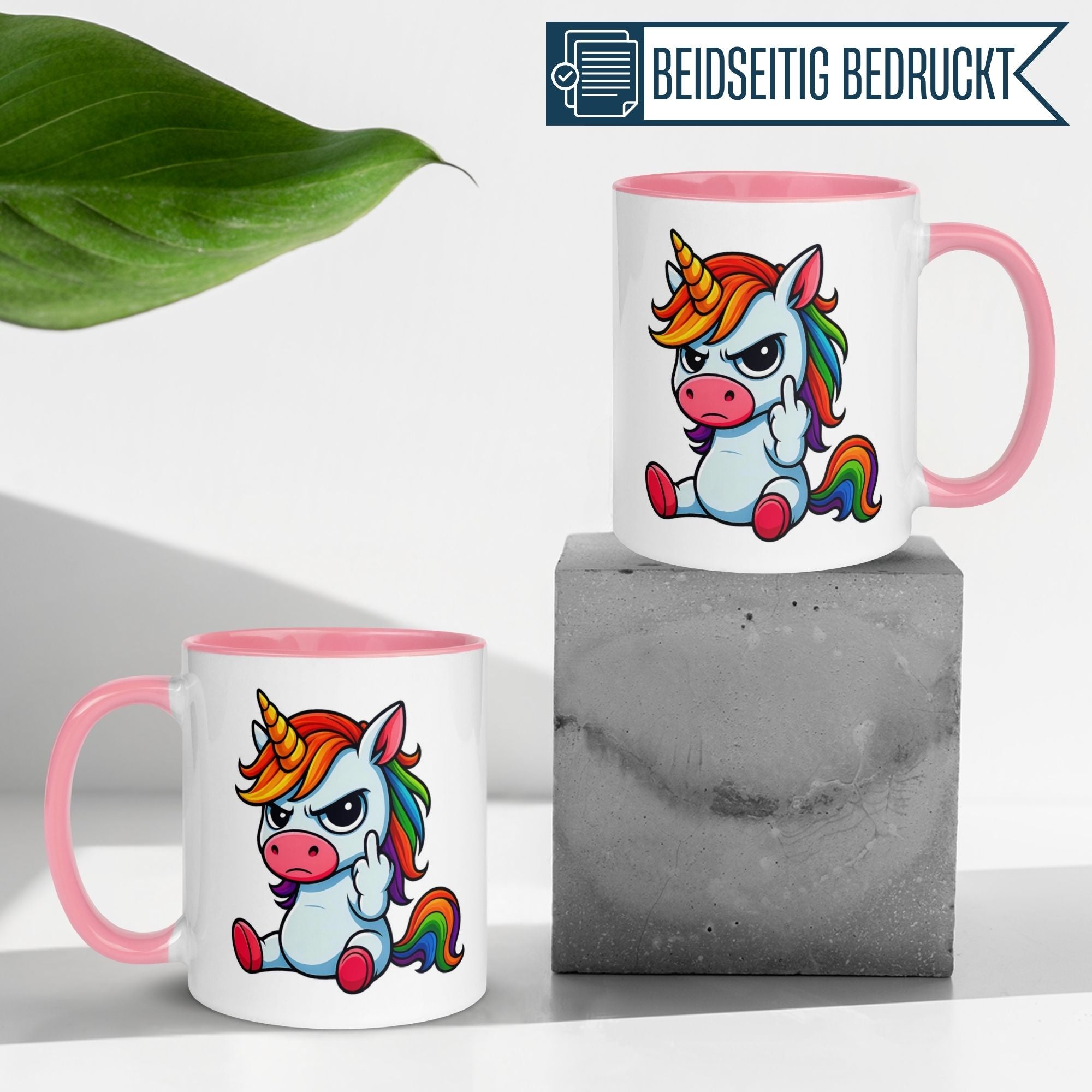 Momentals® Tasse Morgenmuffel mit Einhorn und Mittelfinger, pinke Griffe, humorvolles Design